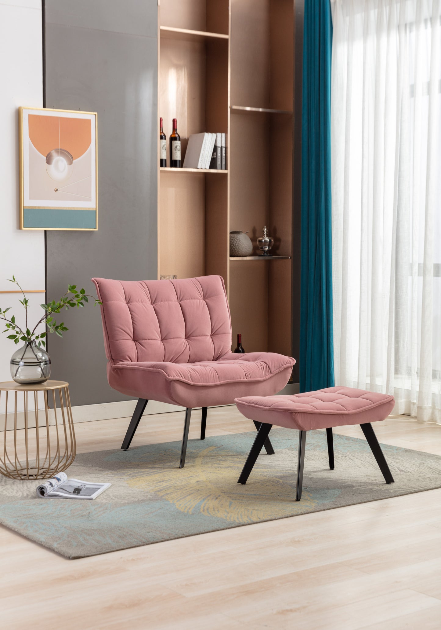 Modern Pink Velvet Accent Chair with Ottoman, Black Legs, Indoor Living