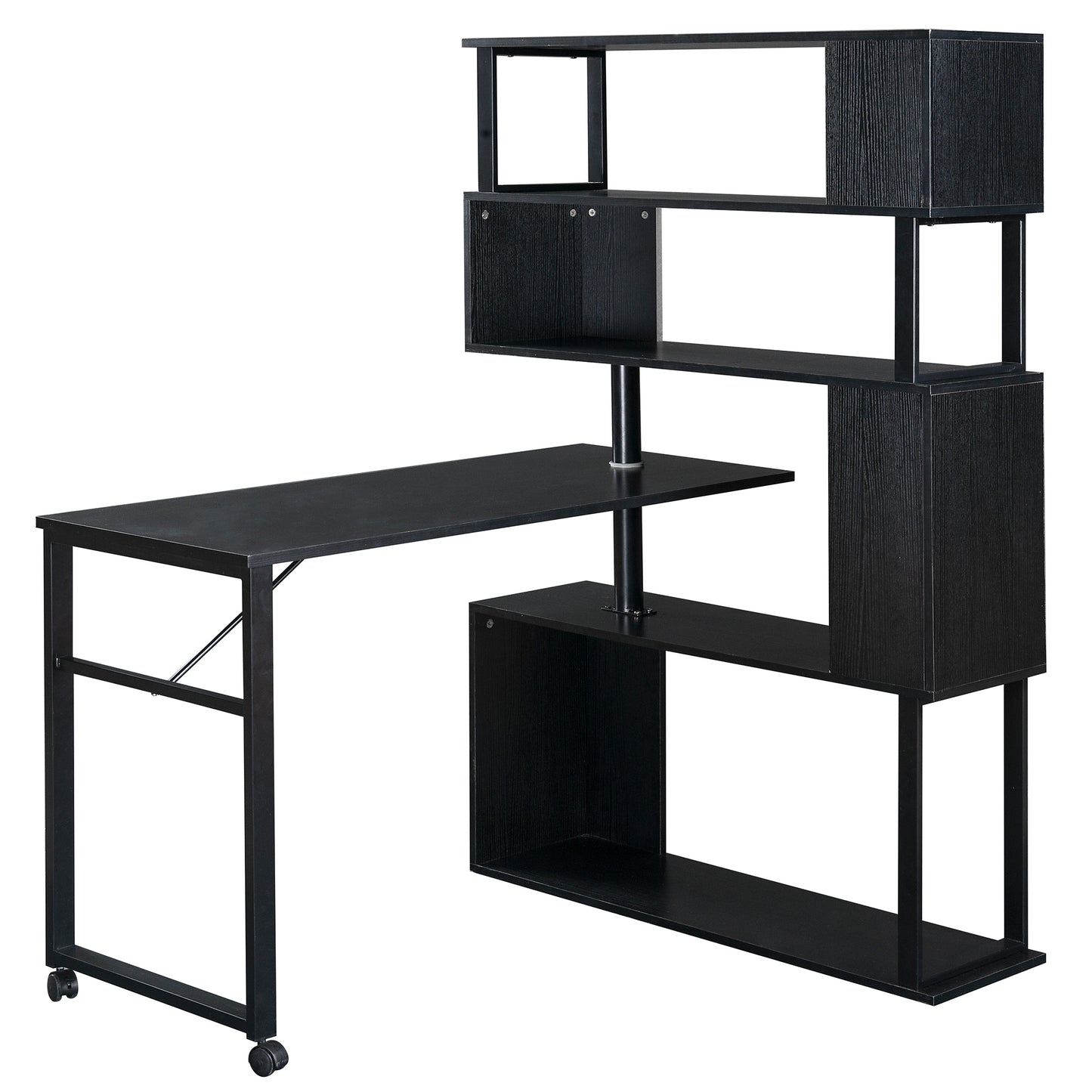 L-Shaped Corner Table, Rotating Computer Table with Bookshelf