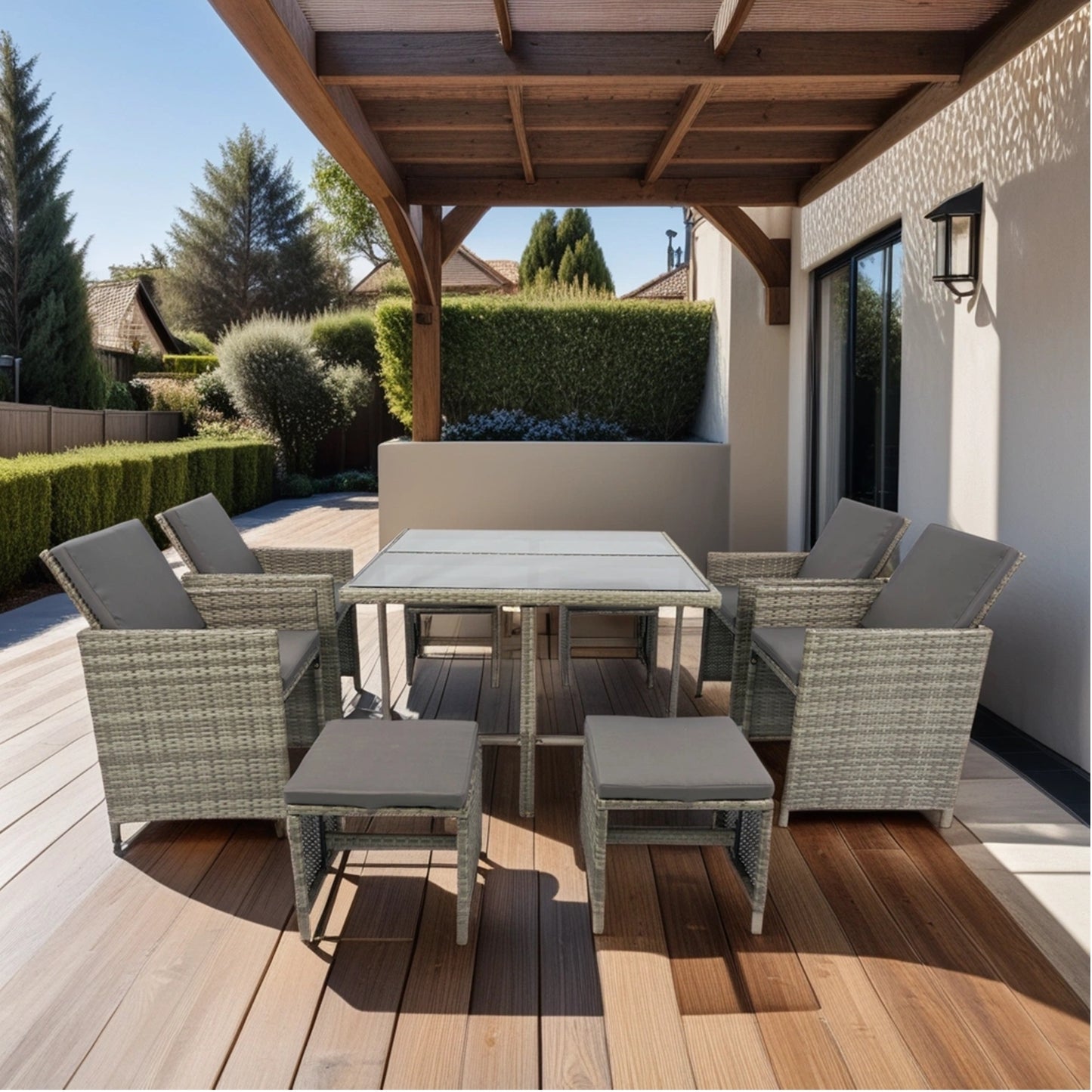 9 Pieces Patio Dining Sets Outdoor Space Saving, Glass Table