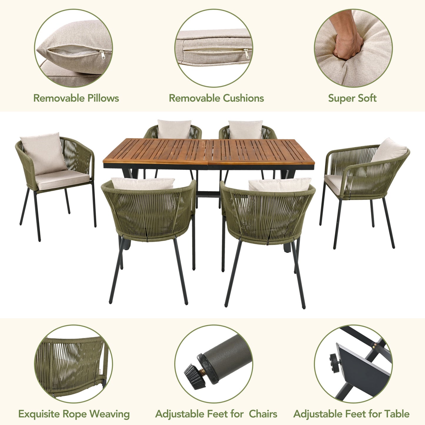 7 Pieces Patio Dining Set, All-Weather Outdoor, Dining Table, Chairs