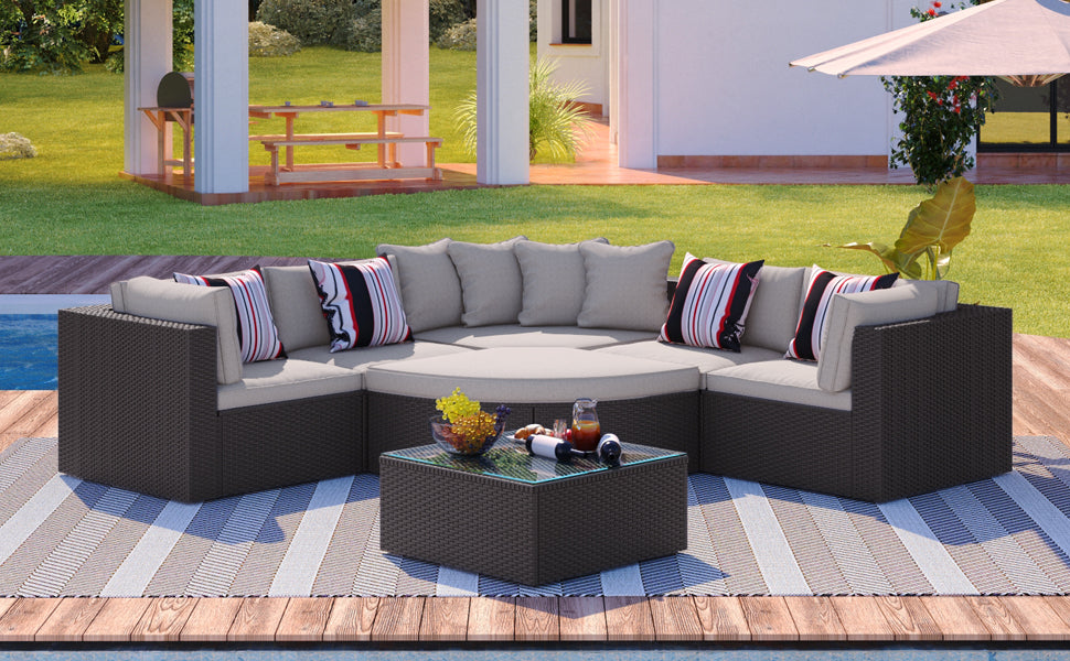 7-piece Outdoor Wicker Sofa Set, Colorful Pillows