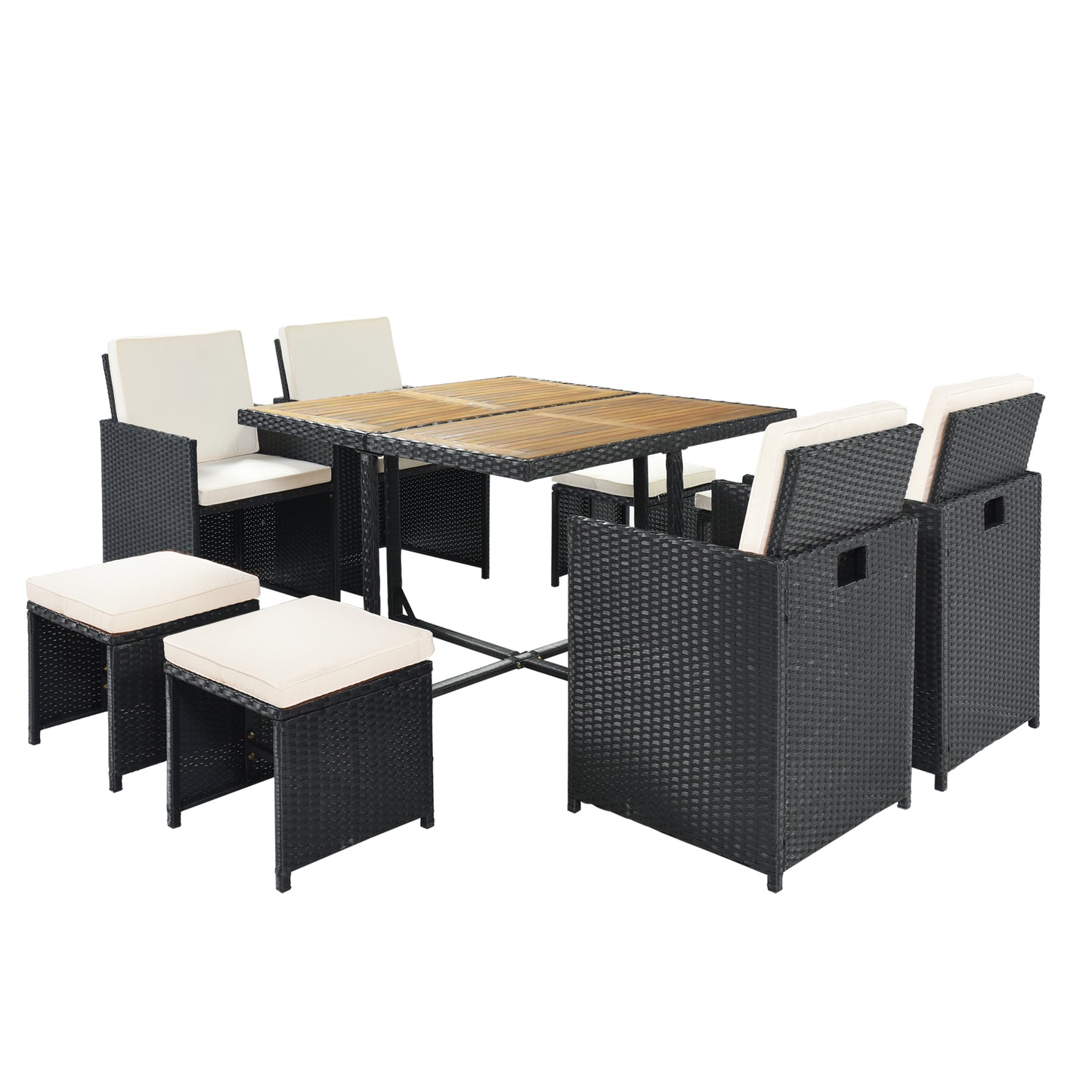 9-Piece Dining Set, Wood Tabletop, Black Rattan, Beige Cushion