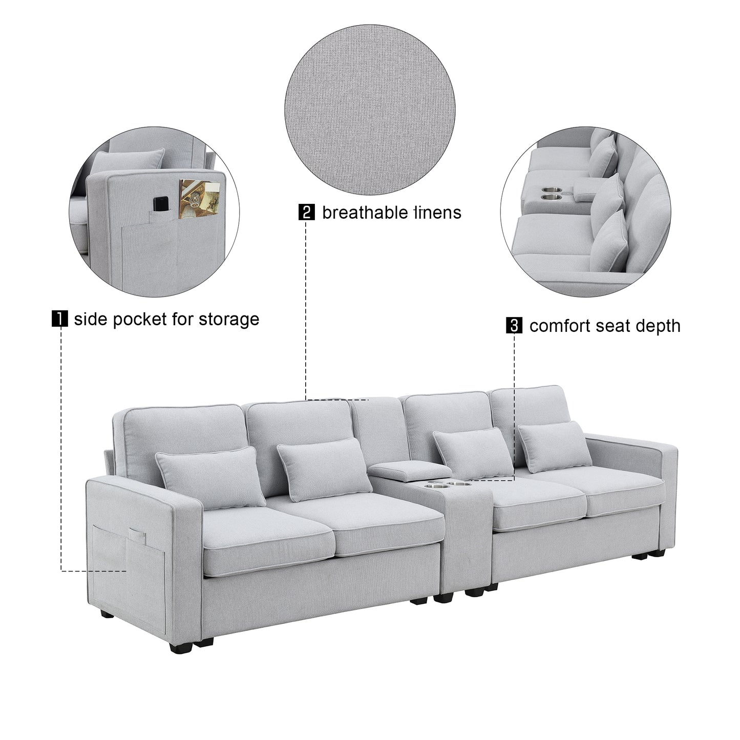 Upholstered Sofa, Console, USB, Linen, 4 Pillows (4-Seat)