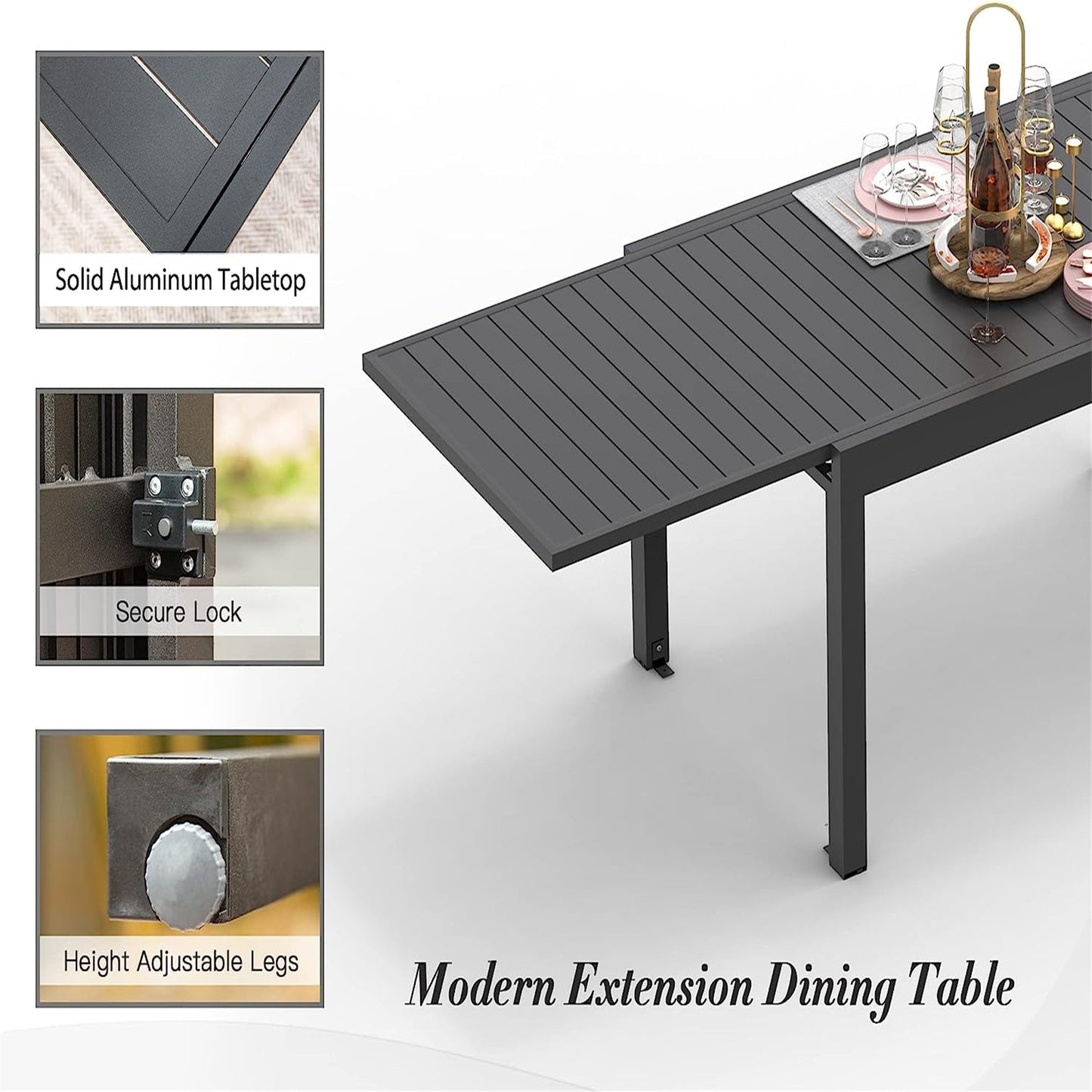 Patio Dining Expandable Table, Metal Aluminum Outdoor, for 6-8 Person