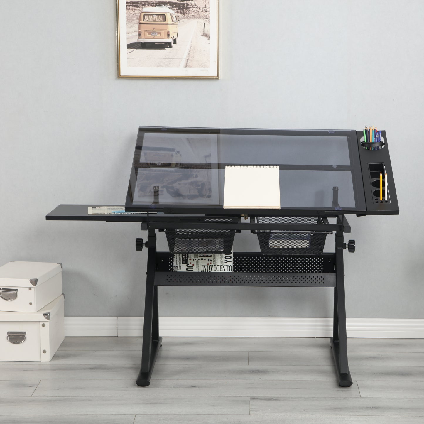 Black adjustable tempered glass drafting printing table with chair