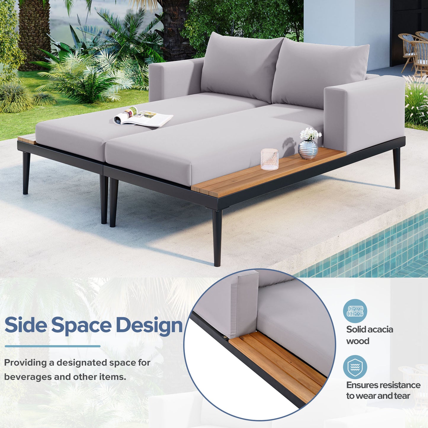 Outdoor Daybed Patio with Wood Topped Side Spaces for Drinks