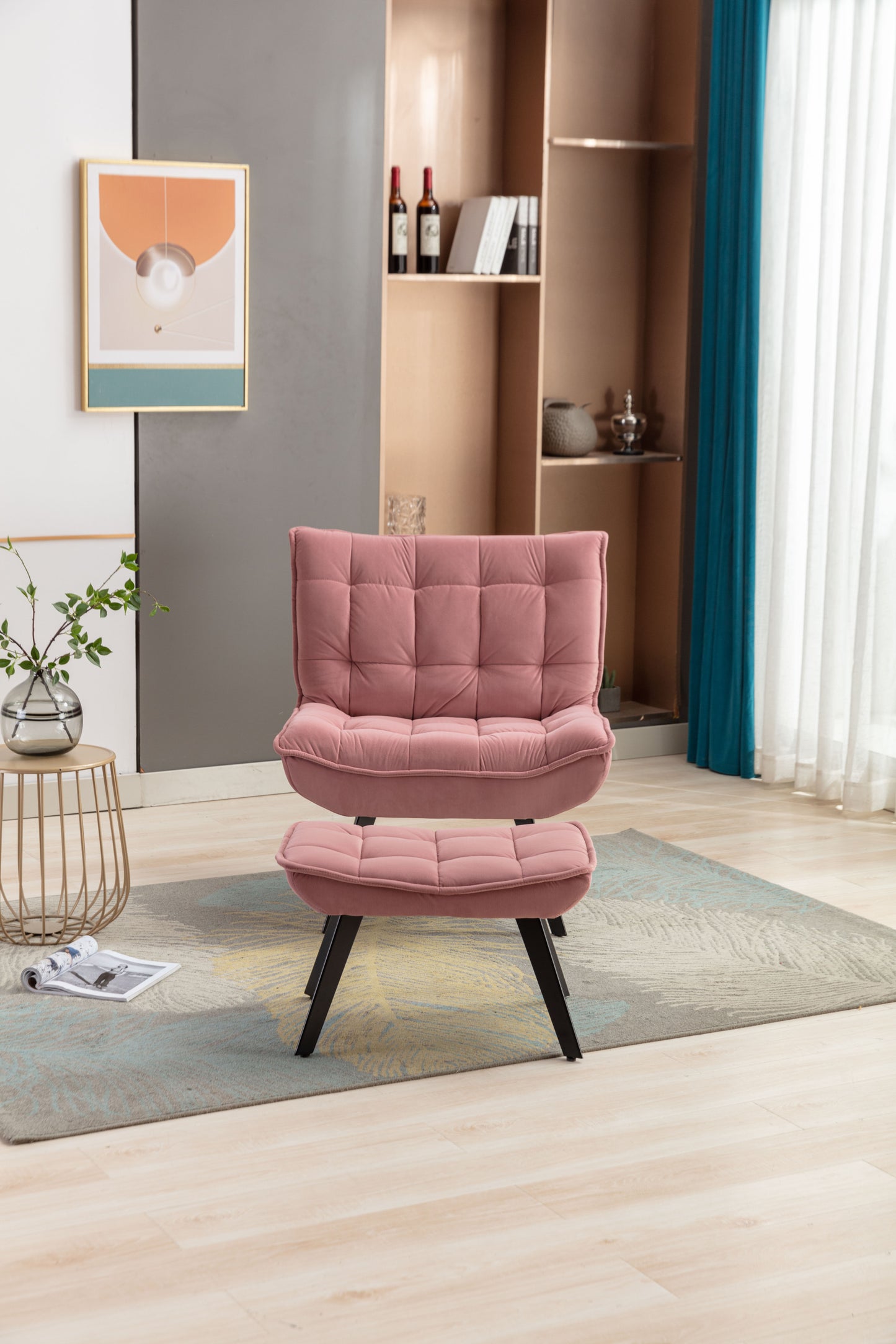 Modern Pink Velvet Accent Chair with Ottoman, Black Legs, Indoor Living