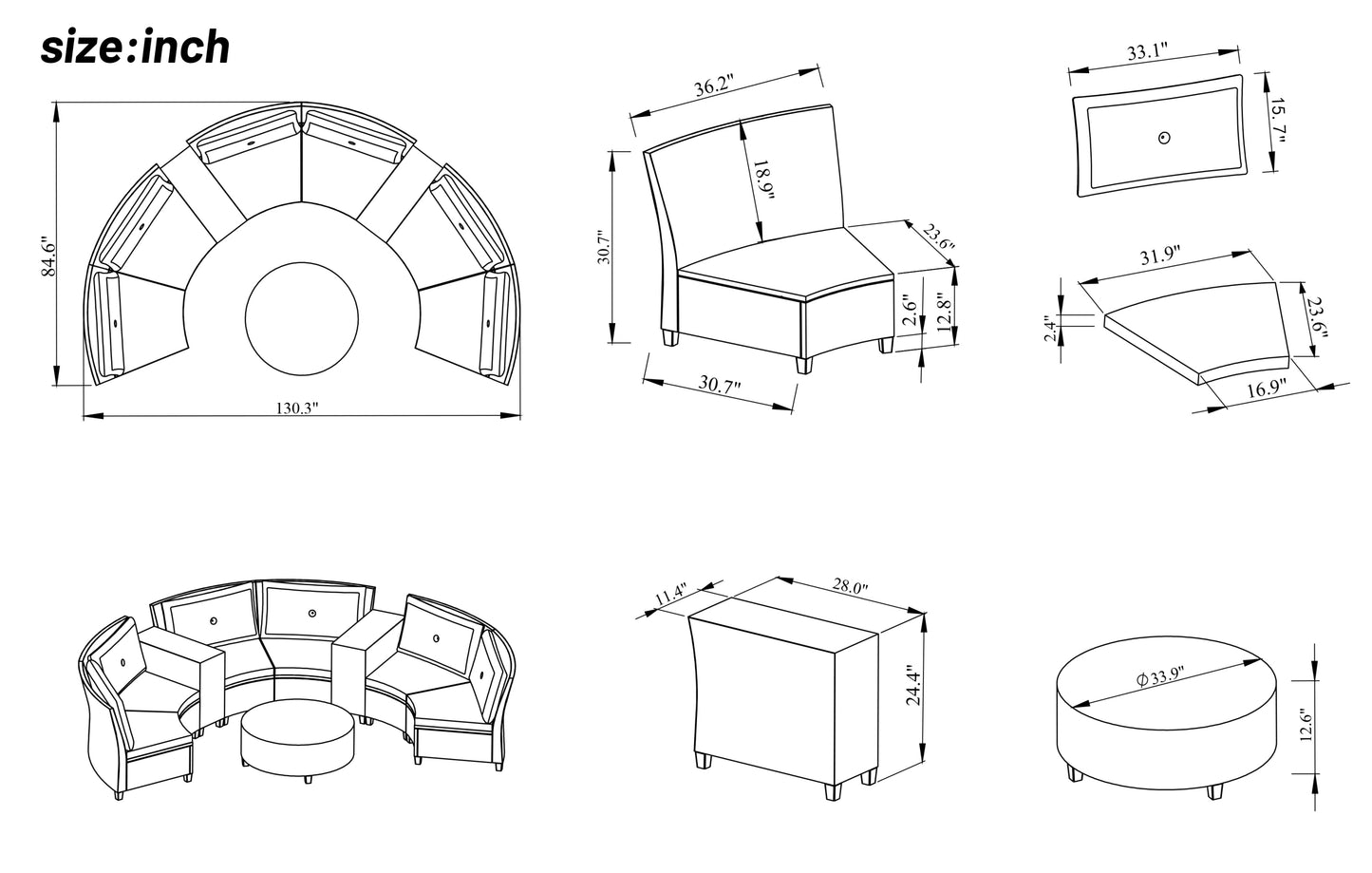 U_Style 6 - Person Fan-shaped Rattan Suit, Table,