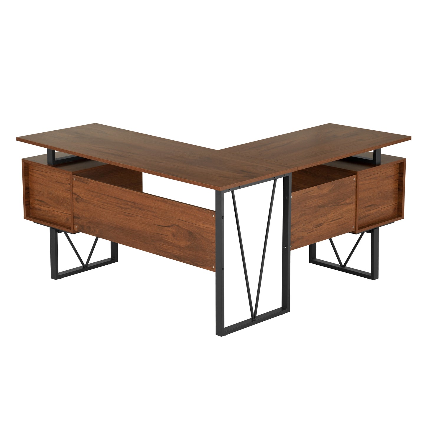 L-Shape Computer Desk, Drawers and File Cabinet, Walnut