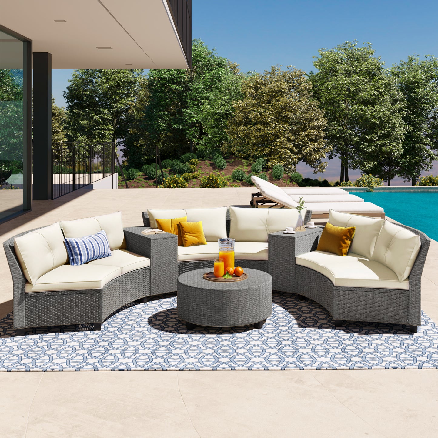 U_Style 6 - Person Fan-shaped Rattan Suit, Table,