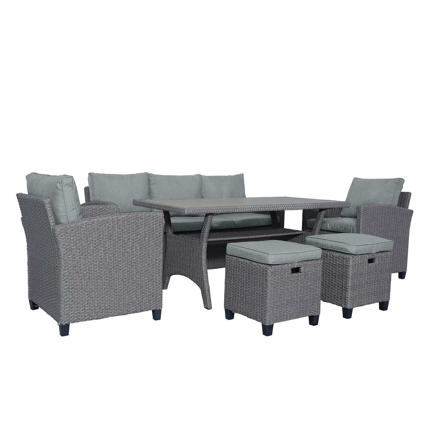 6-Piece Outdoor Wicker Set Patio Sofa, Chair, Stools, Table