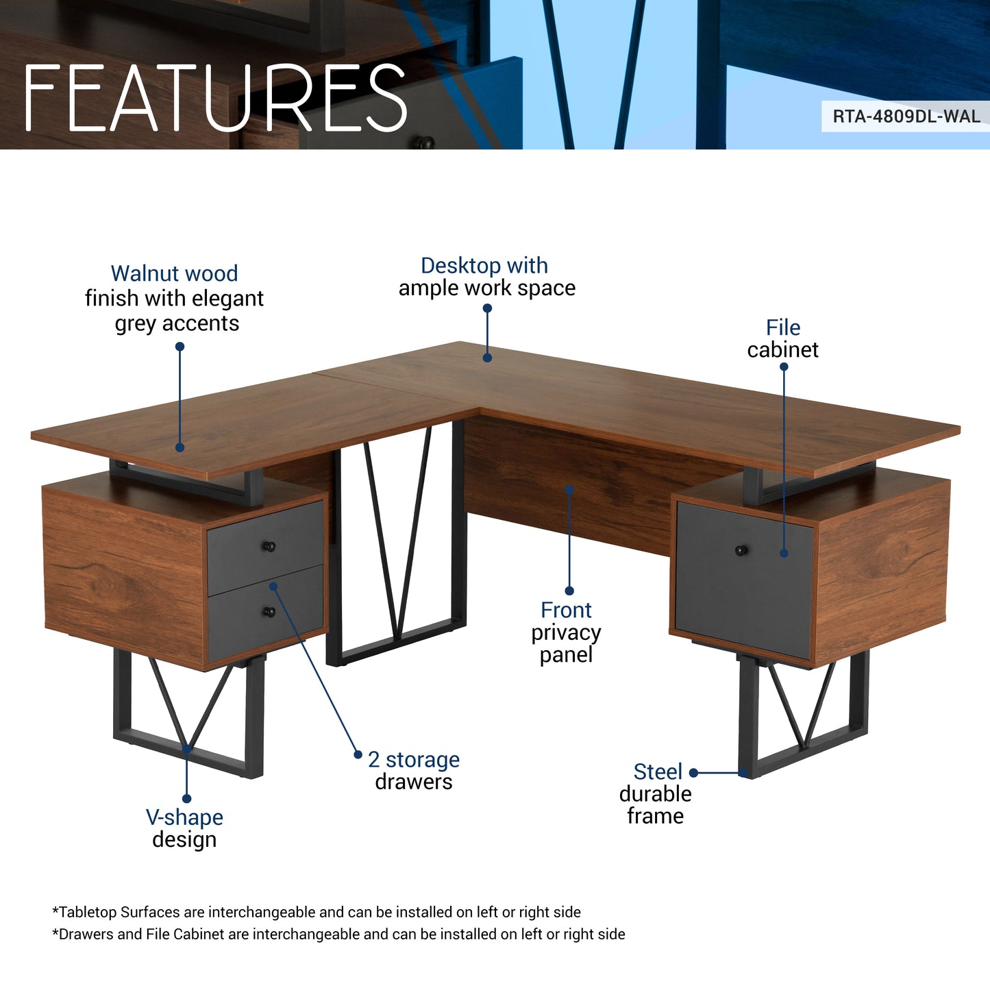 L-Shape Computer Desk, Drawers and File Cabinet, Walnut