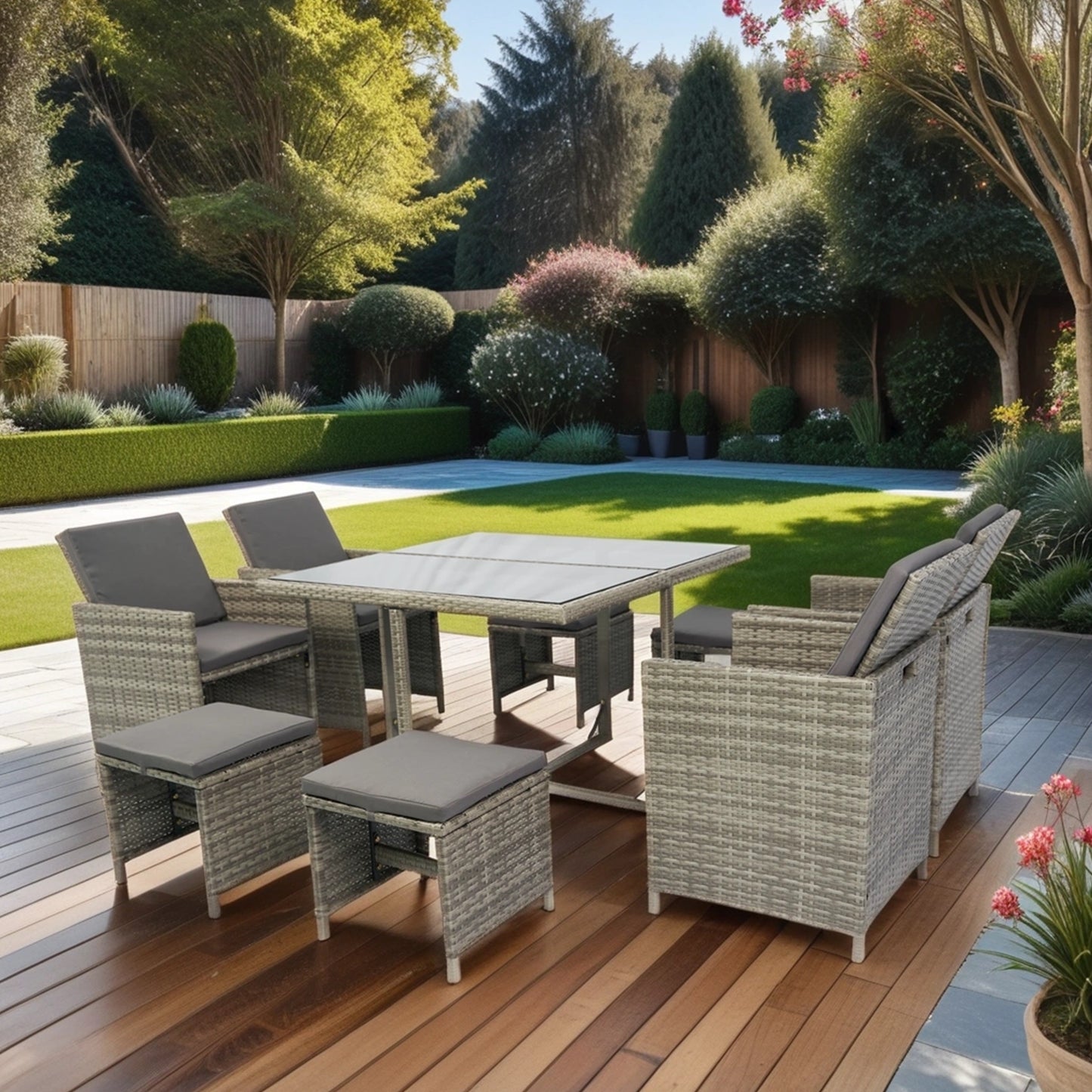 9 Pieces Patio Dining Sets Outdoor Space Saving, Glass Table