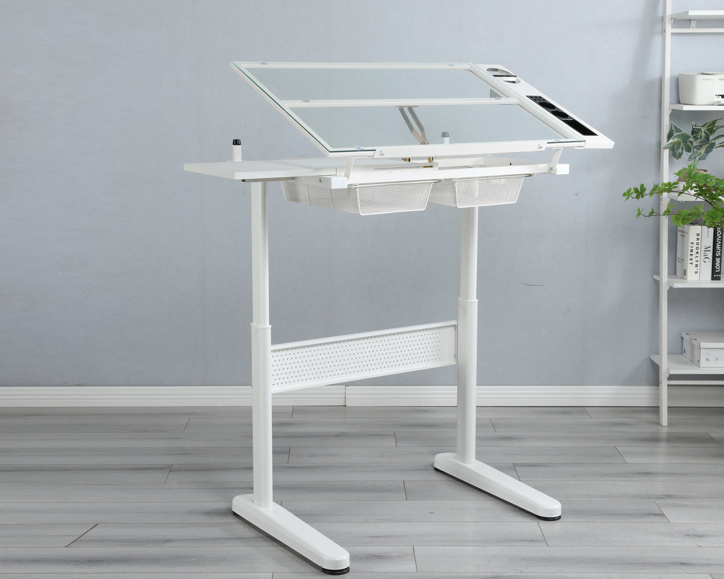 Crank adjustable drafting table drawing desk, 2 metal drawers