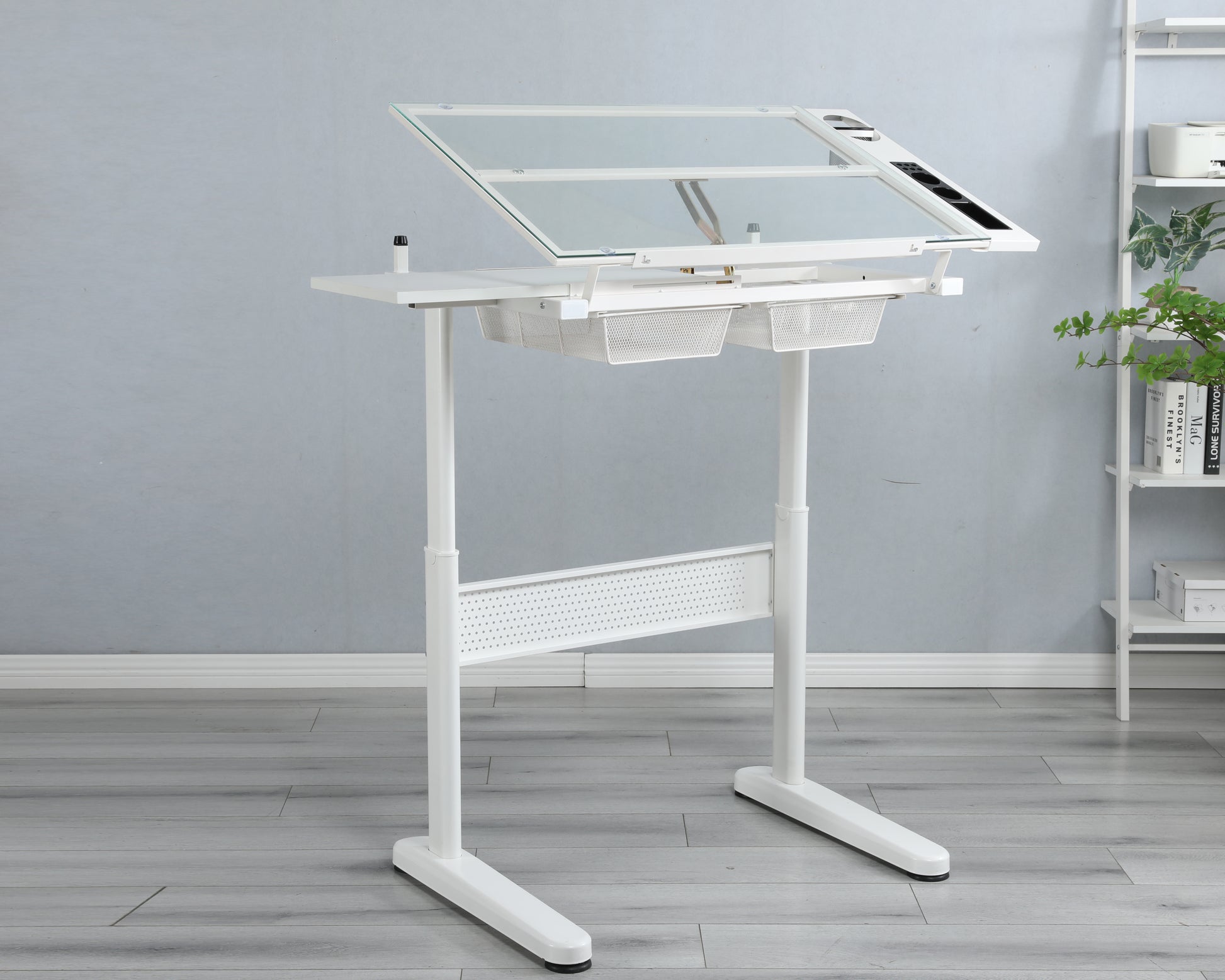 Crank adjustable drafting table drawing desk, 2 metal drawers