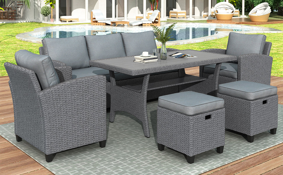 6-Piece Outdoor Wicker Set Patio Sofa, Chair, Stools, Table