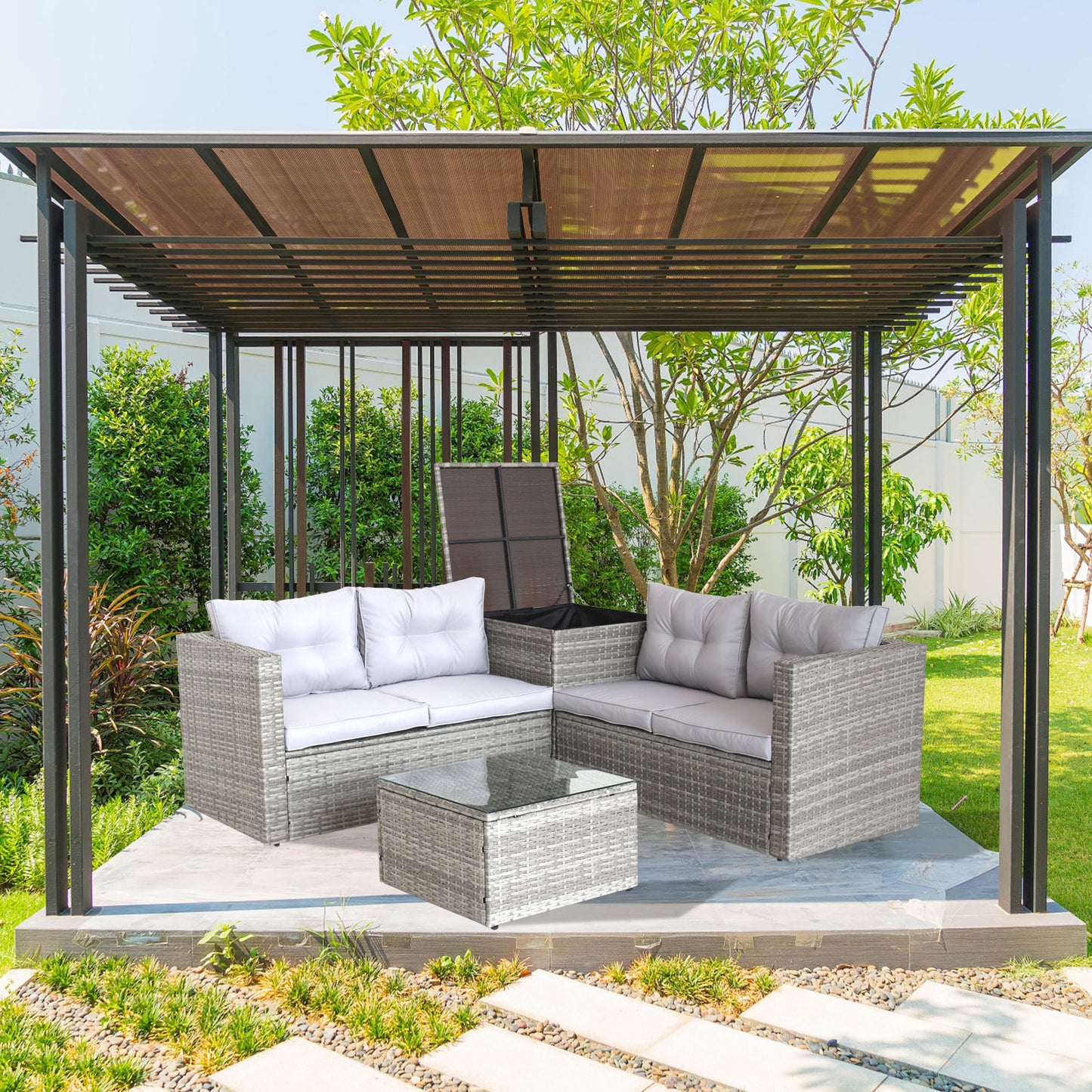 4 Piece Patio Sectional Outdoor Furniture Sofa Set, Storage
