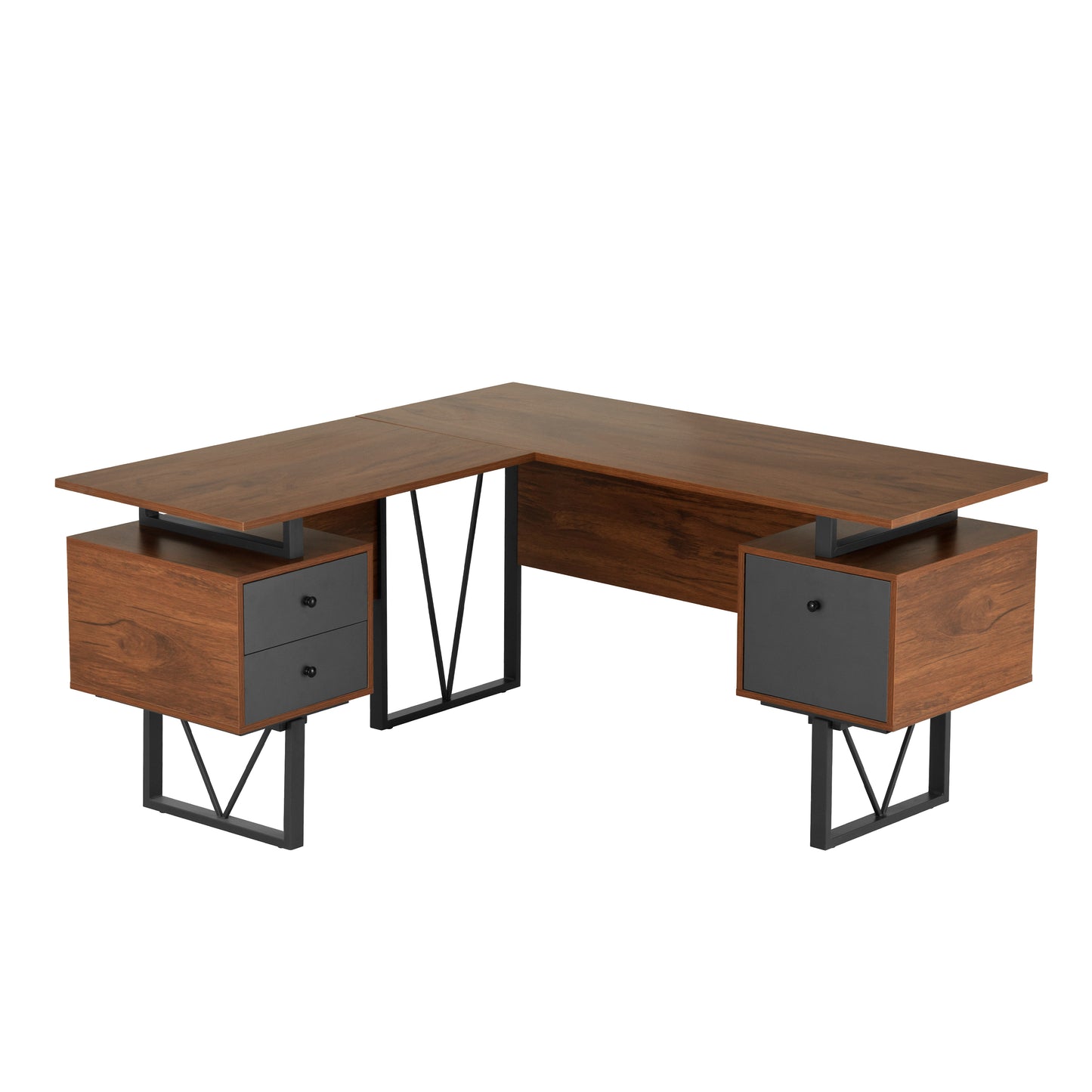 L-Shape Computer Desk, Drawers and File Cabinet, Walnut