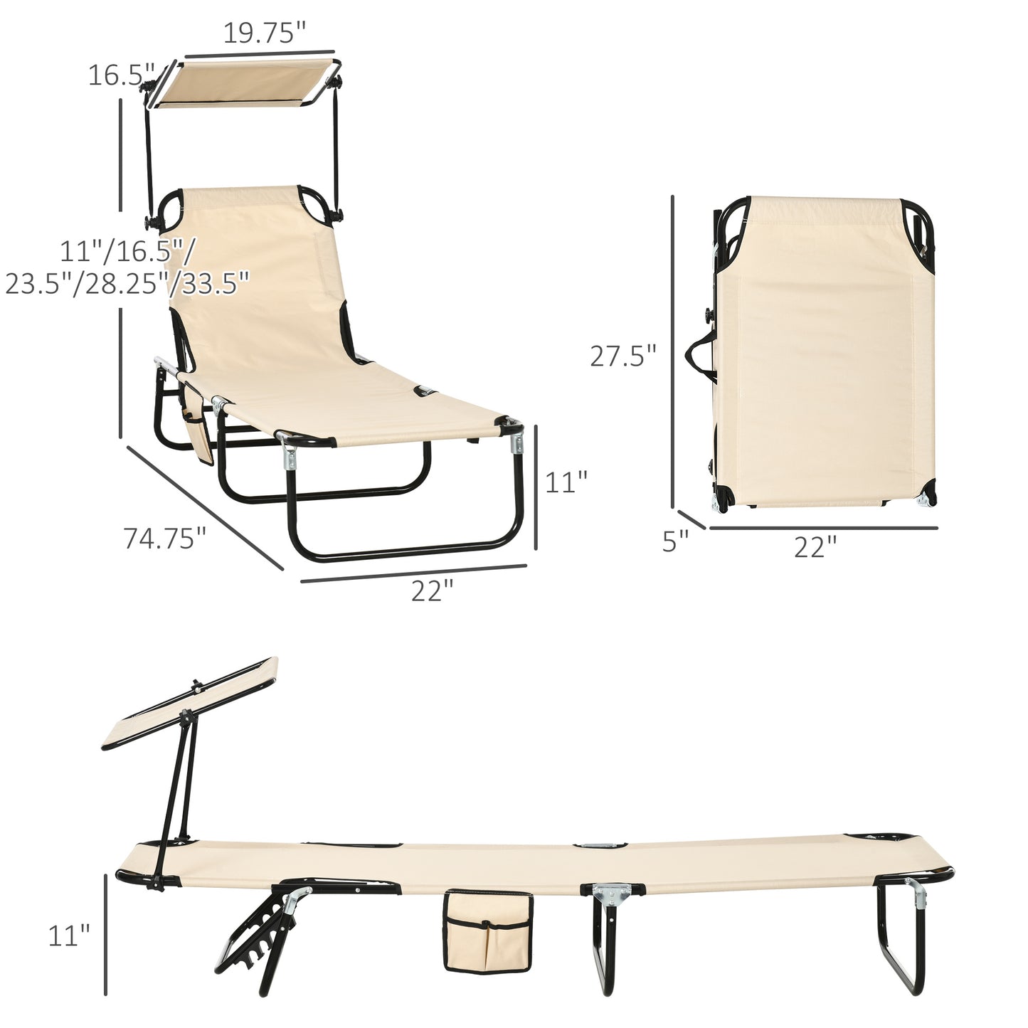 Folding Chairs, Outdoor Sun Tanning, Canopy Shade, Reclining