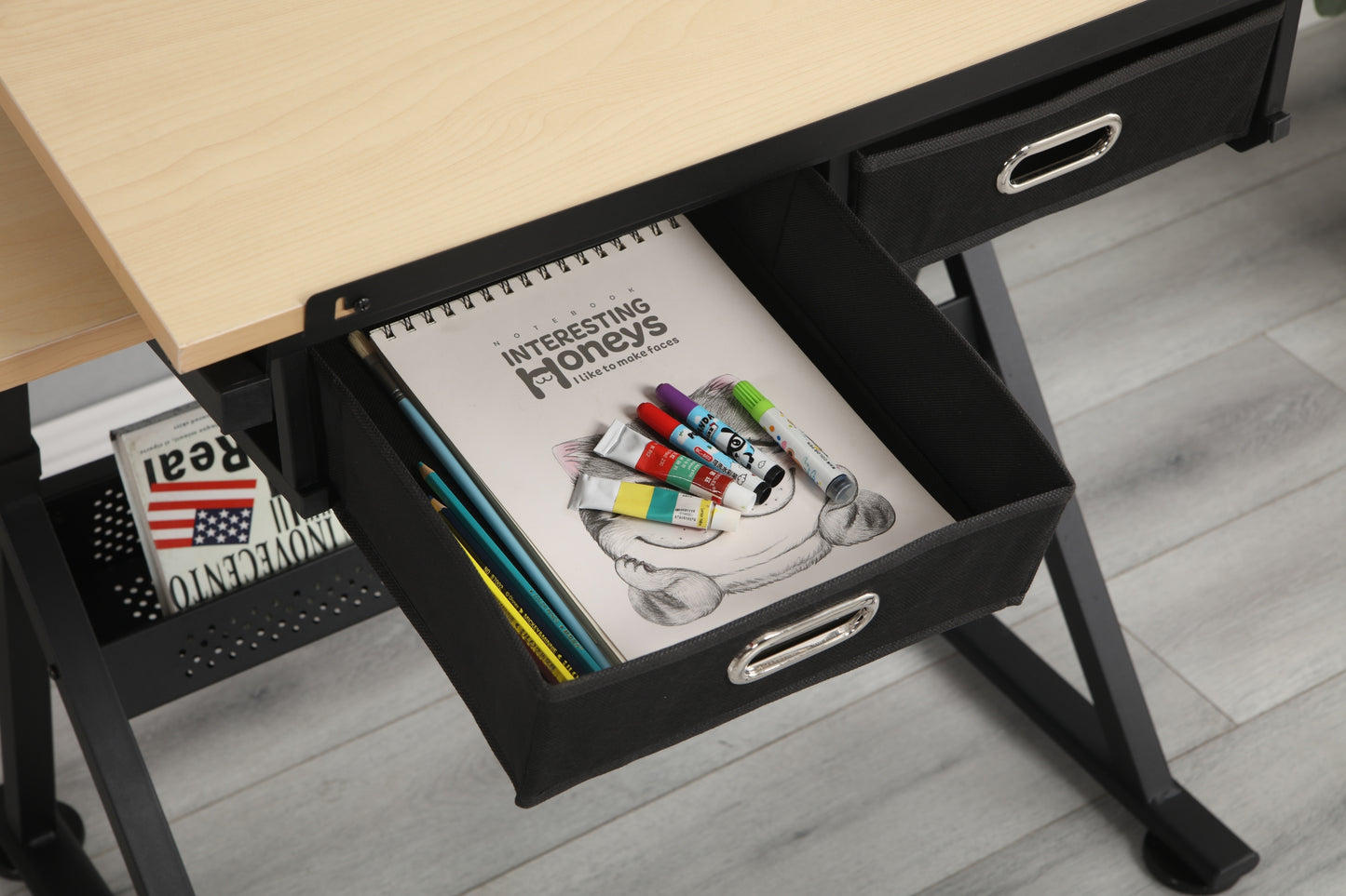 Adjustable drawing drafting table desk, 2 drawers for office