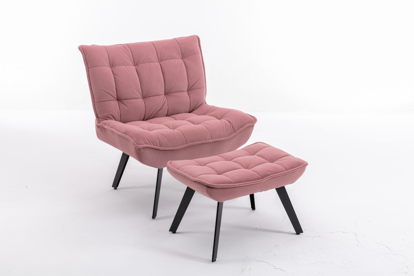 Modern Pink Velvet Accent Chair with Ottoman, Black Legs, Indoor Living