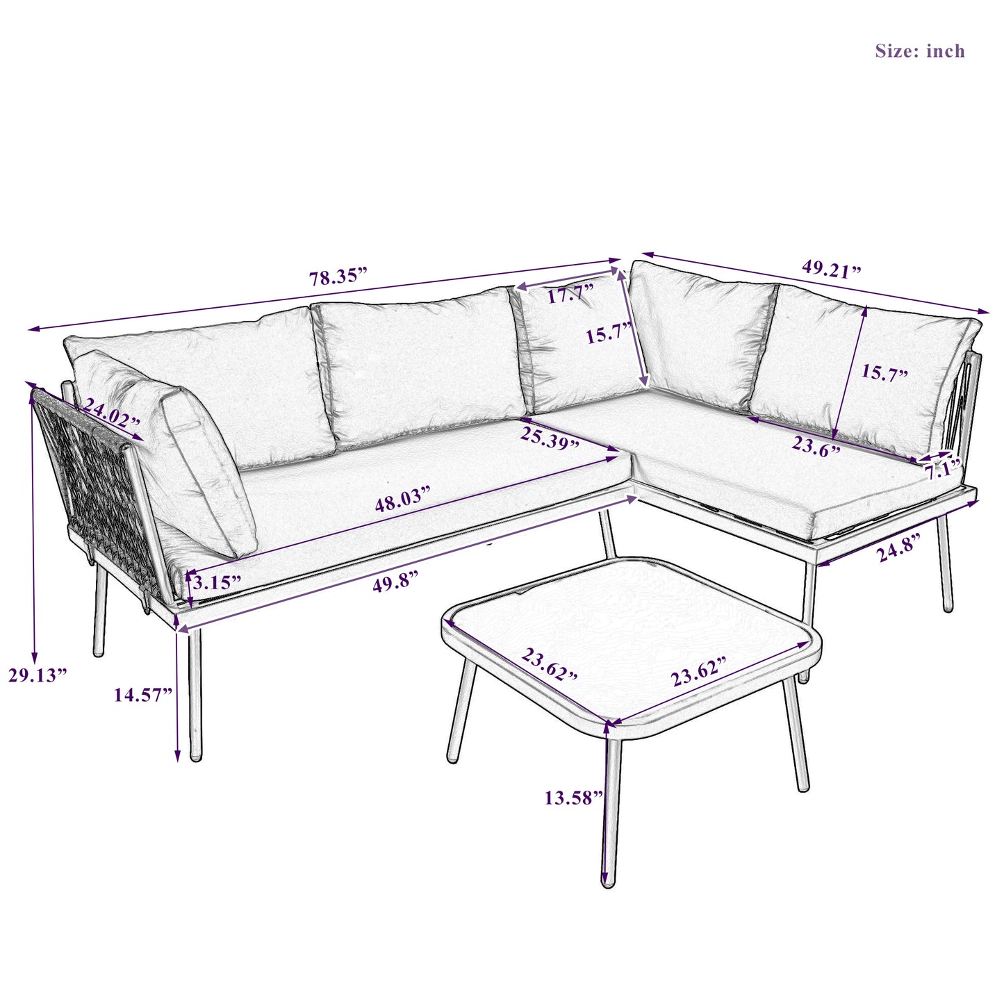 Modern Outdoor 3-Piece Sofa Set All Weather Patio