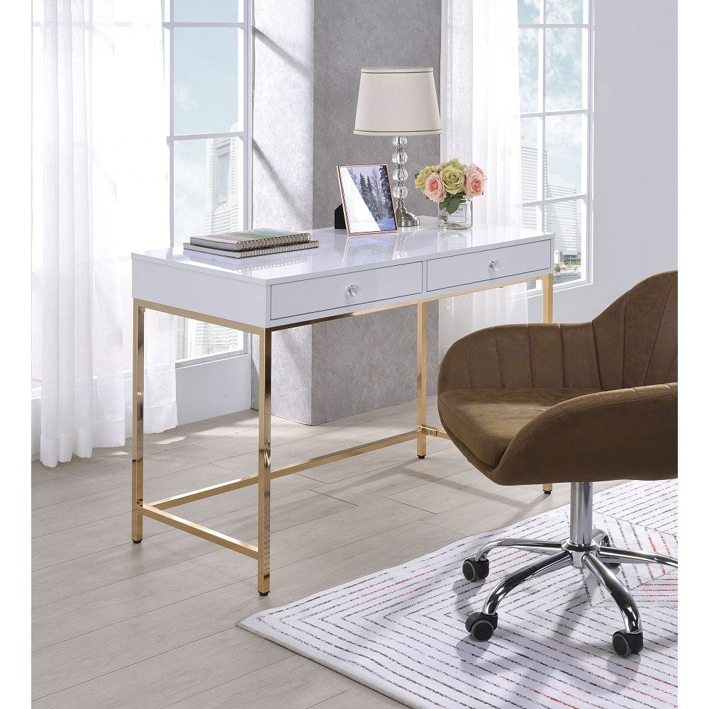 ACME Ottey Desk in White High Gloss & Gold