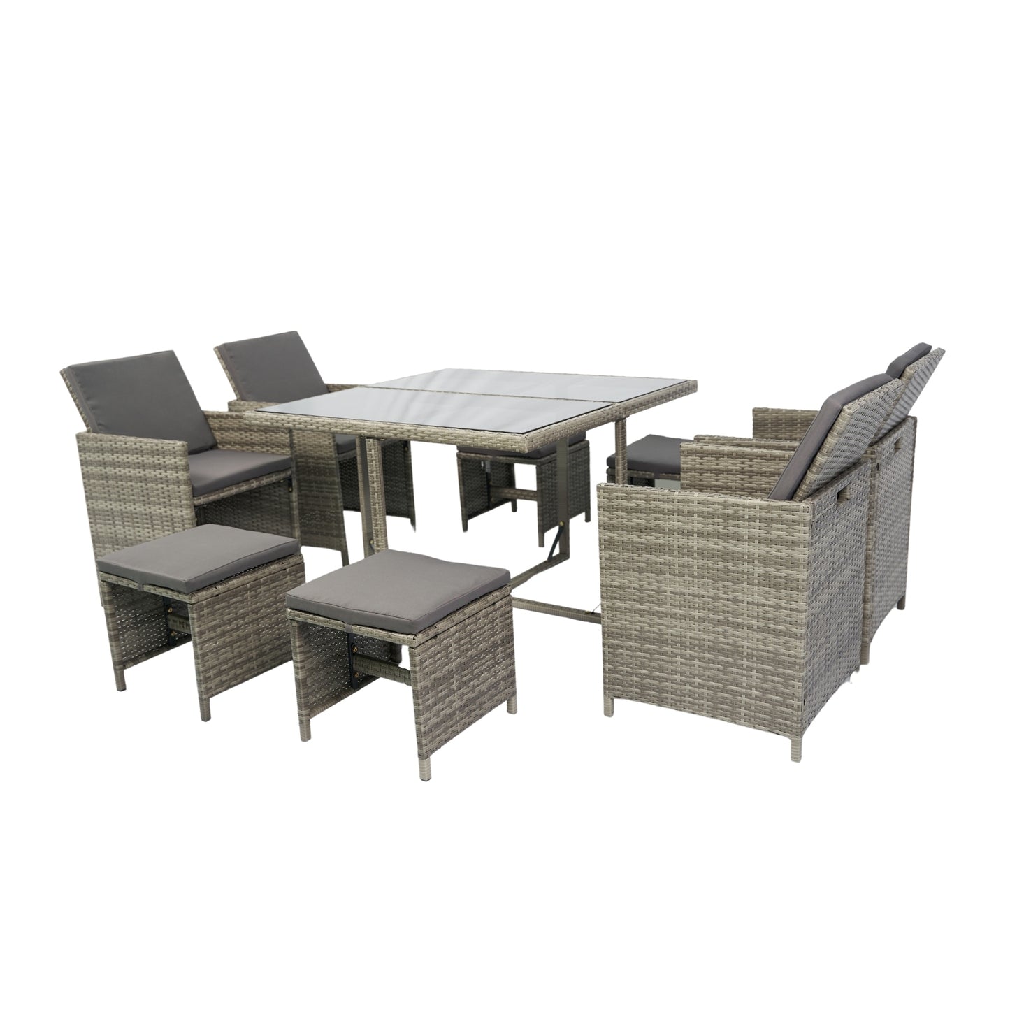 9 Pieces Patio Dining Sets Outdoor Space Saving, Glass Table