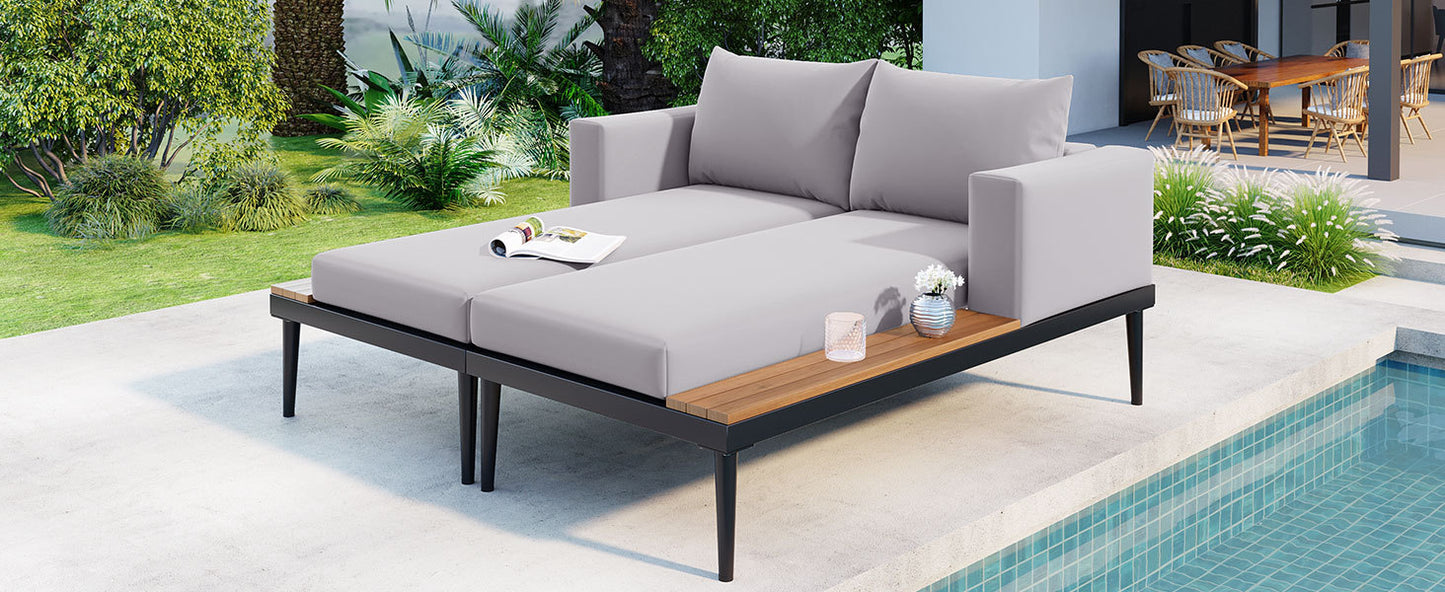 Outdoor Daybed Patio with Wood Topped Side Spaces for Drinks