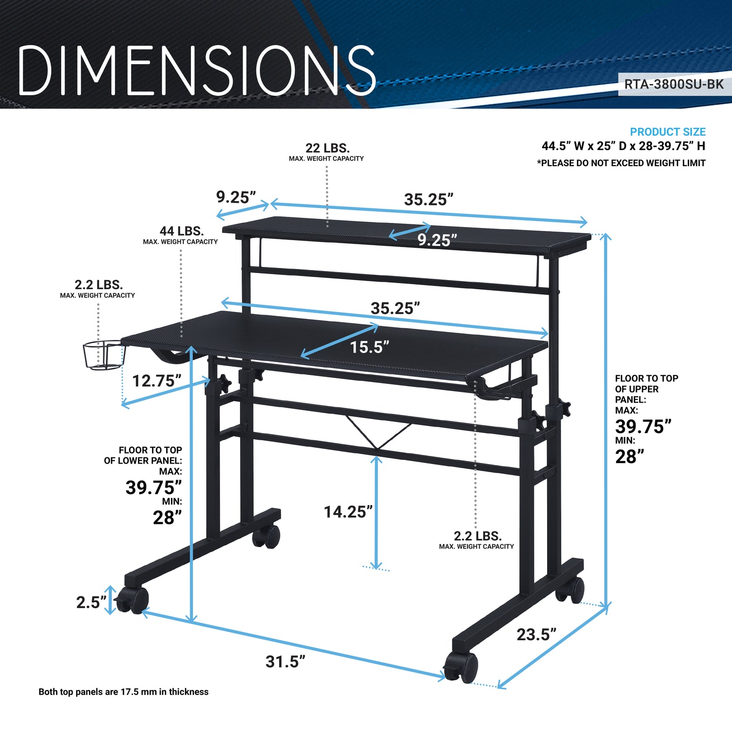 Techni Mobili Rolling Desk with Height Adjustable, Moveable Shelf