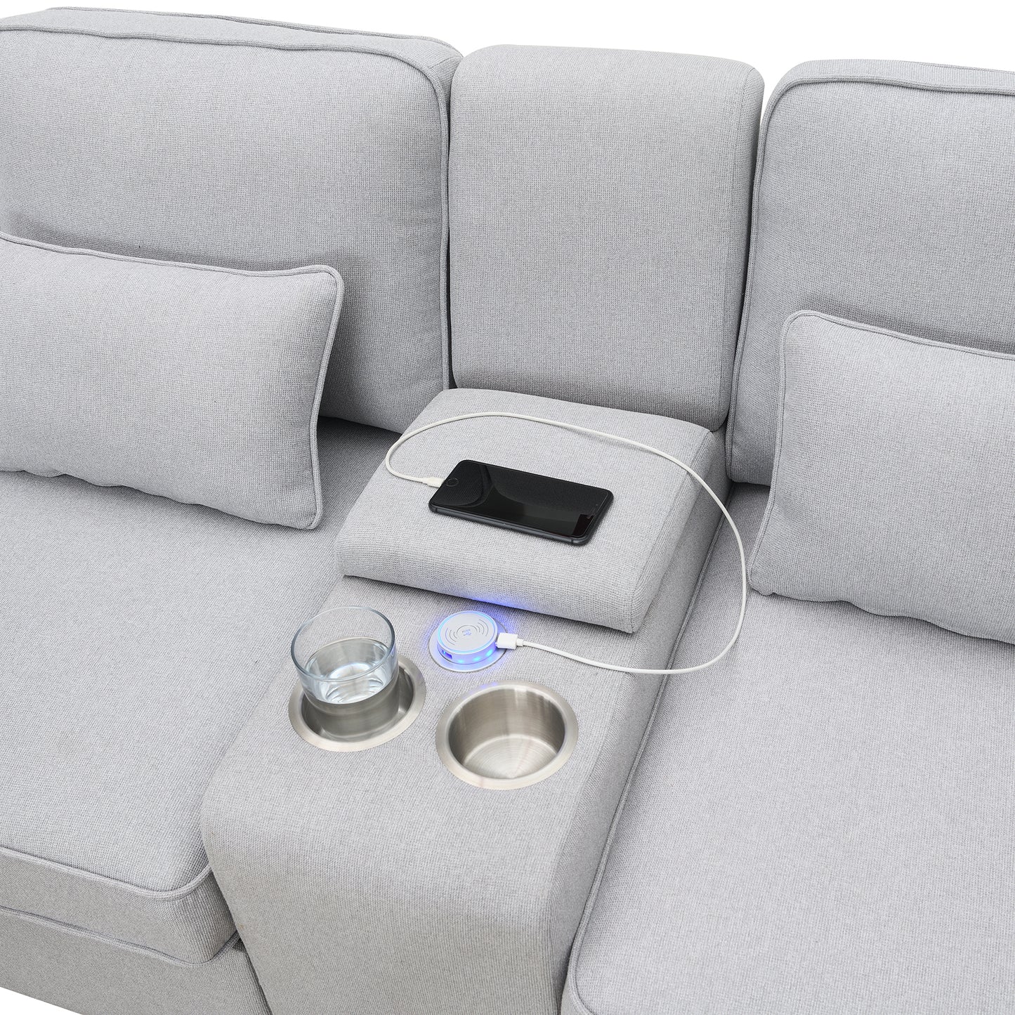 Upholstered Sofa, Console, USB, Linen, 4 Pillows (4-Seat)