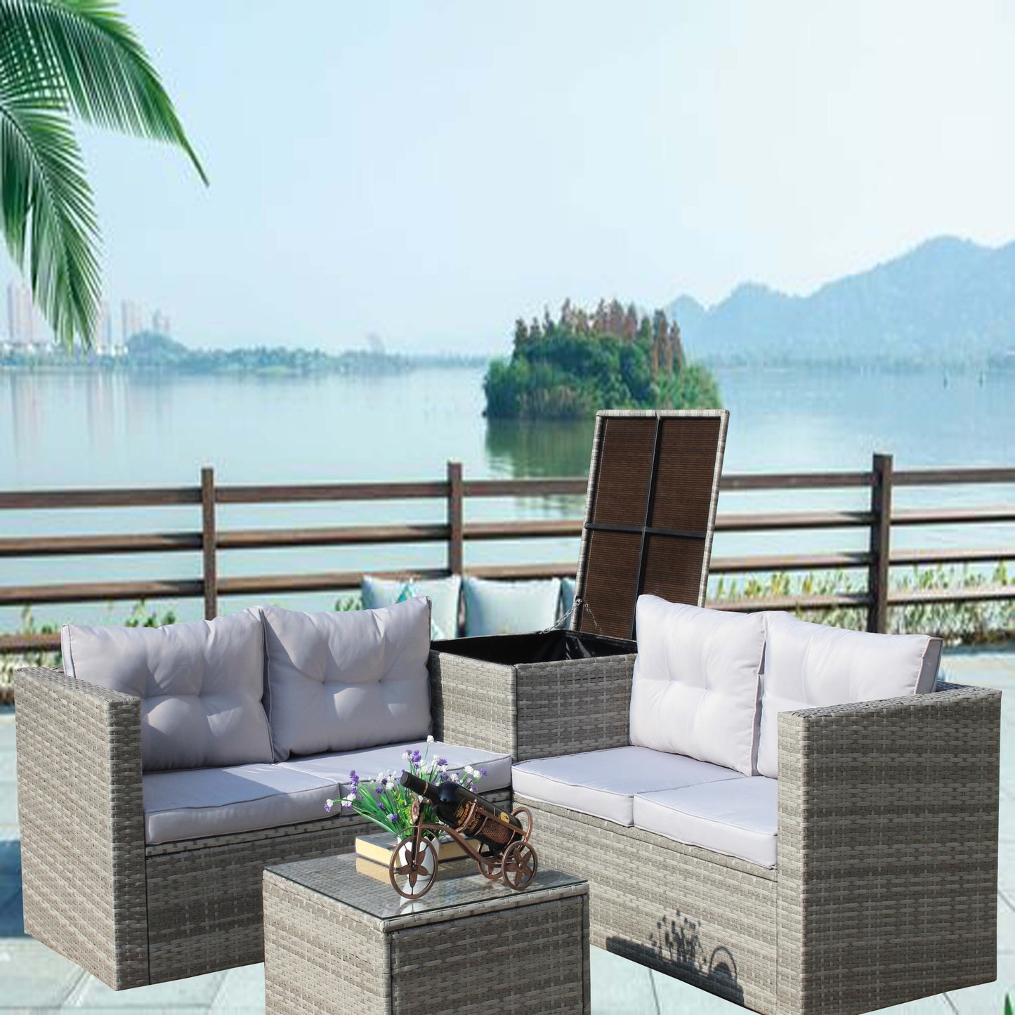 4 Piece Patio Sectional Outdoor Furniture with Storage Box