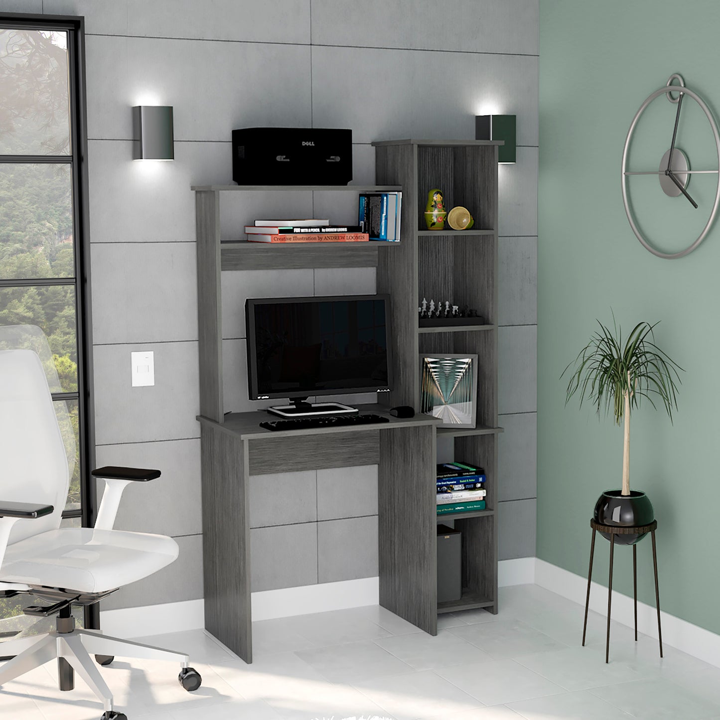 Aramis Desk, Five Shelves, Two Superior Shelves, Smokey Oak