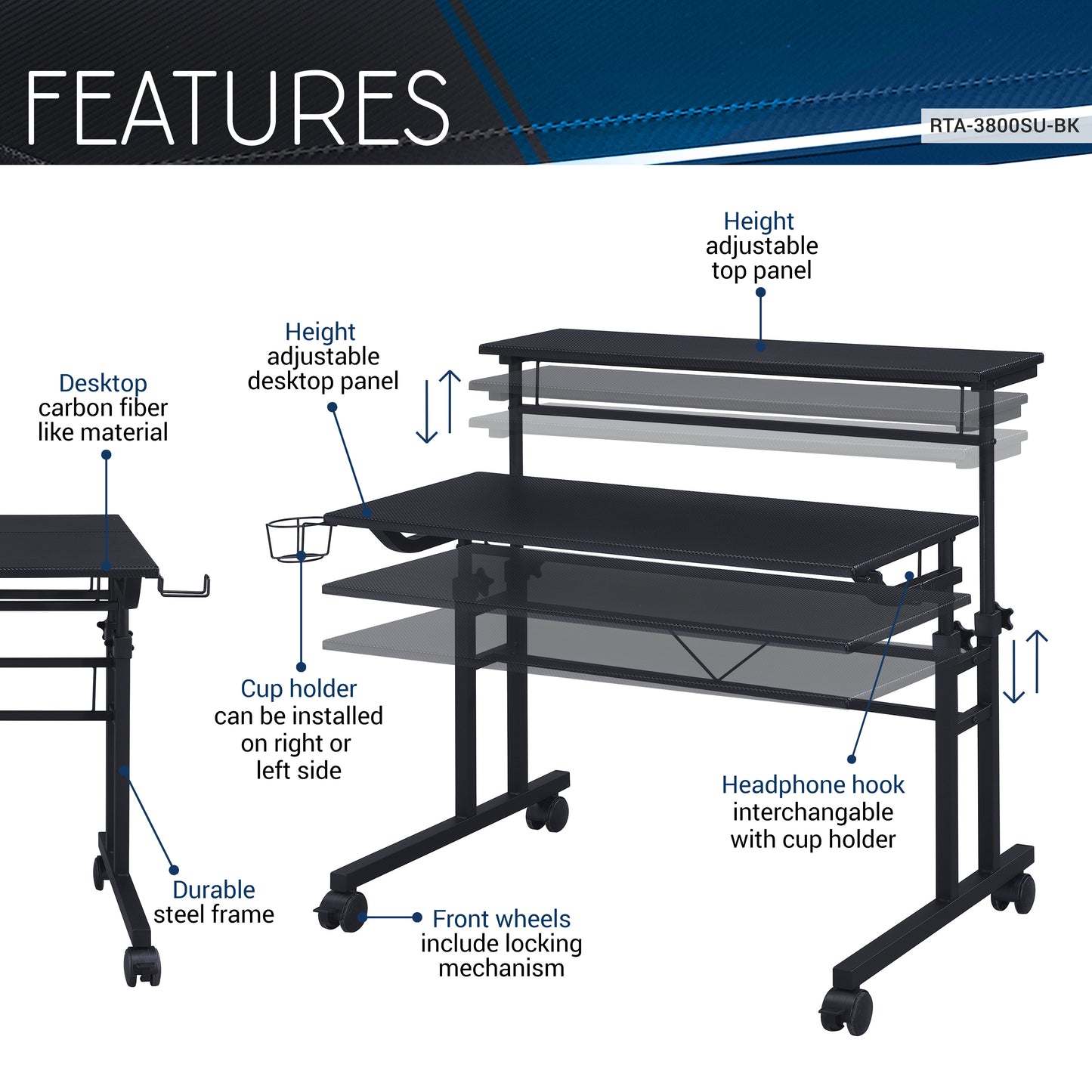 Techni Mobili Rolling Desk with Height Adjustable, Moveable Shelf