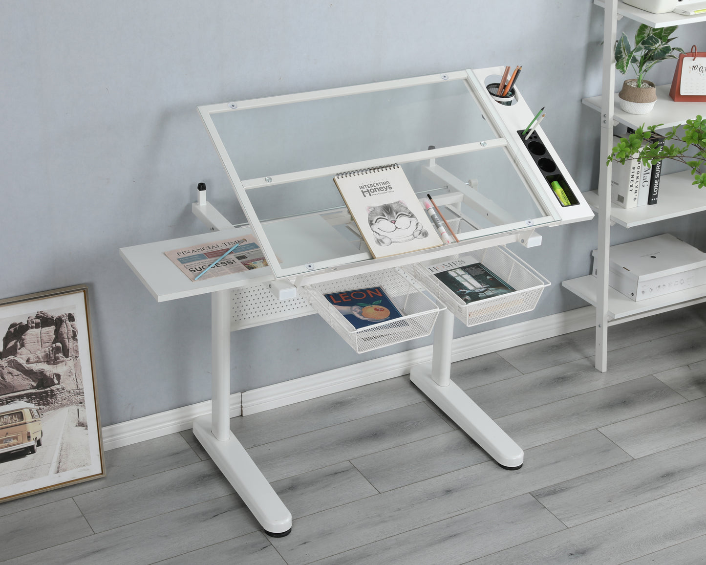 Crank adjustable drafting table drawing desk, 2 metal drawers