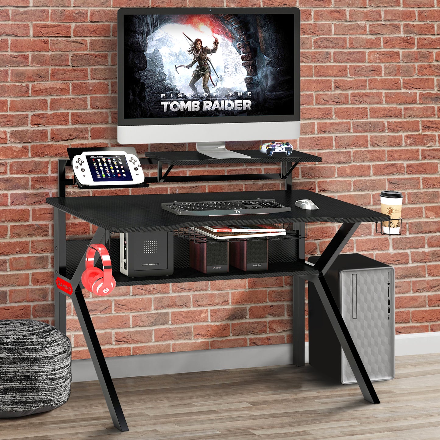 Ergonomic Metal Frame Gaming Desk with K Shape Legs, Black