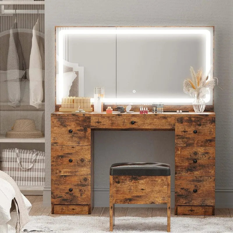 Vanity Desk Set with LED Lighted Mirror, Power Outlet, 7 Drawers & Stool
