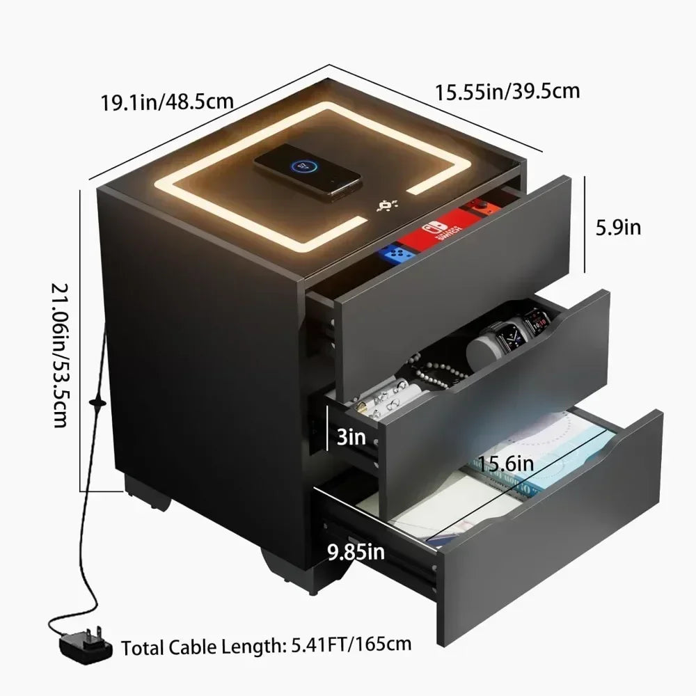 Modern Nightstands with LED Lights, Charging Station & Sensor