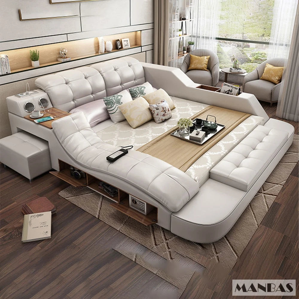 Luxury King Size Smart Bed with Genuine Leather & Massage