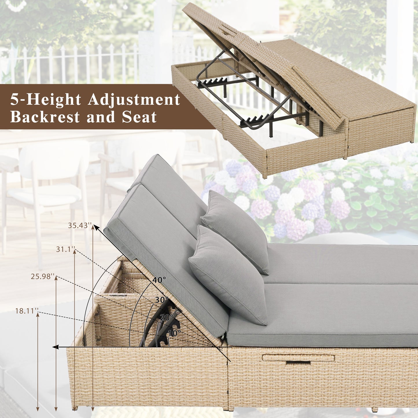 Outdoor Double Patio, Reclining Chairs, Adjustable Backrest Seat