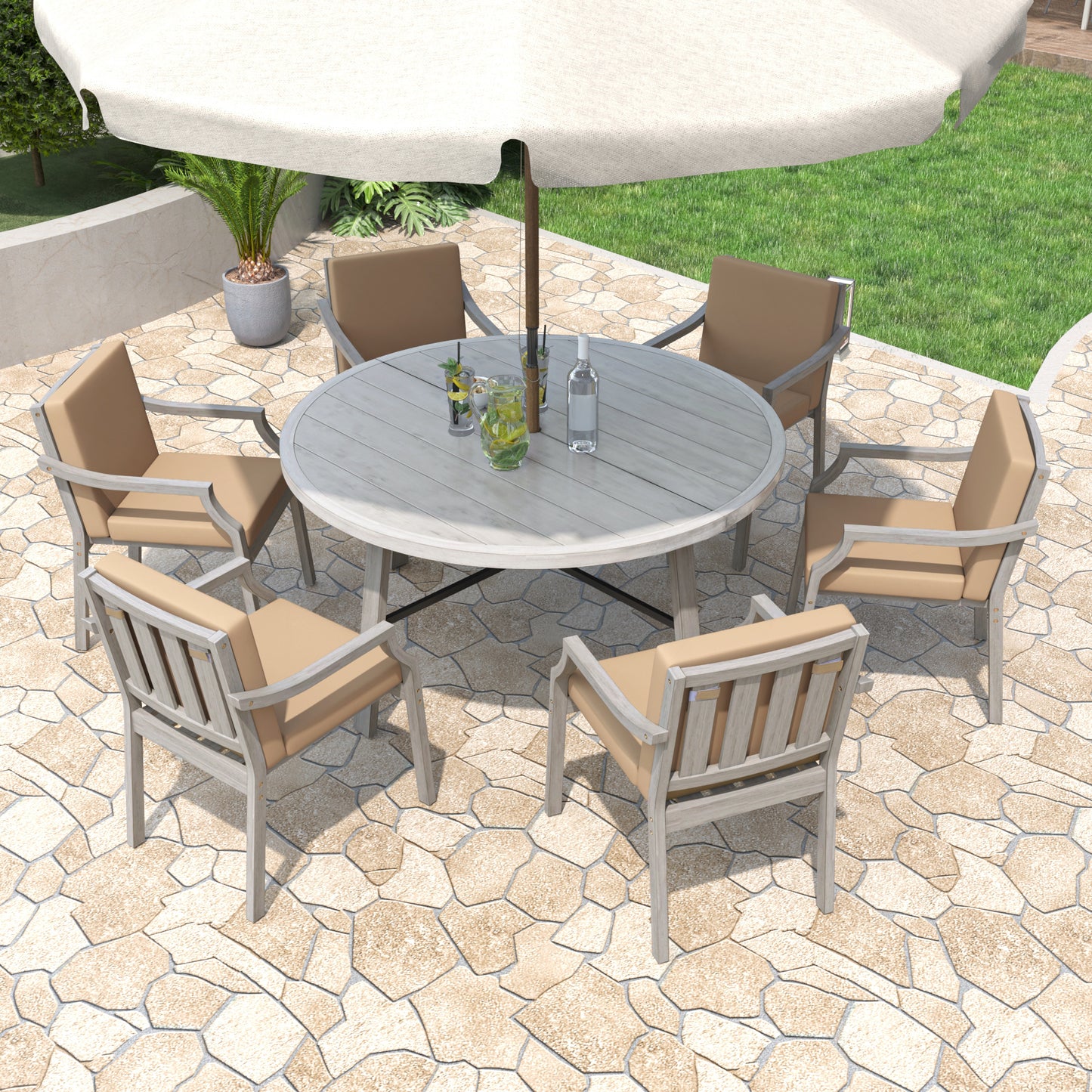 Outdoor Dinning Set 6-Person Outdoor, Umbrella Removable Cushions
