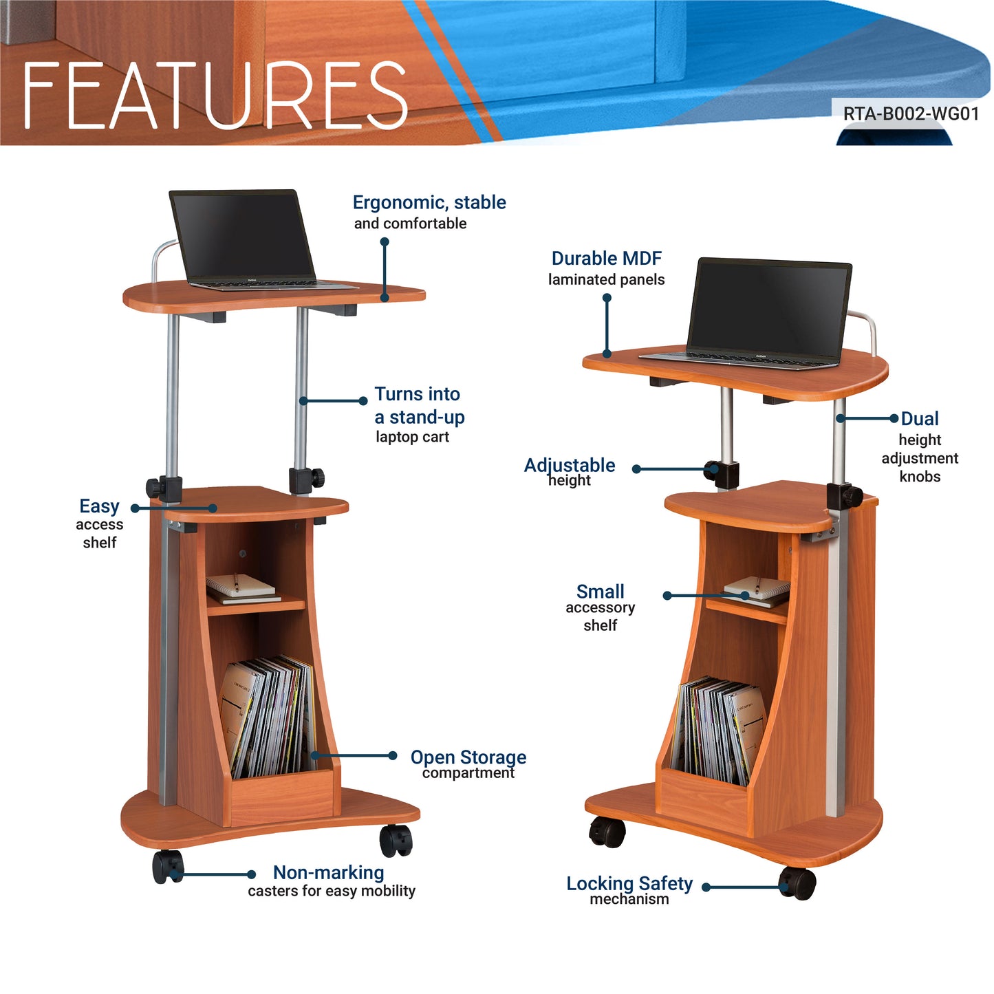 Techni Mobili Sit-to-Stand Rolling Adjustable Height Laptop Cart, Storage