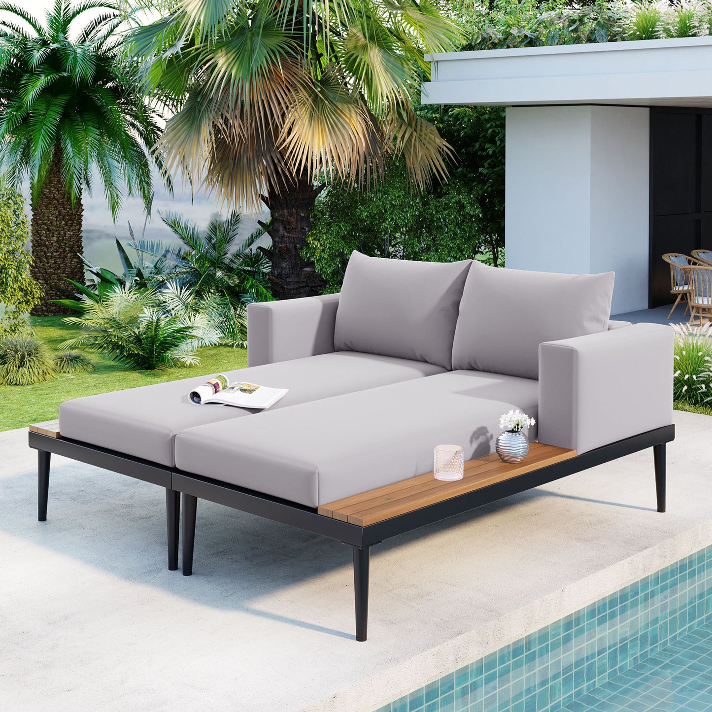 Outdoor Daybed Patio with Wood Topped Side Spaces for Drinks