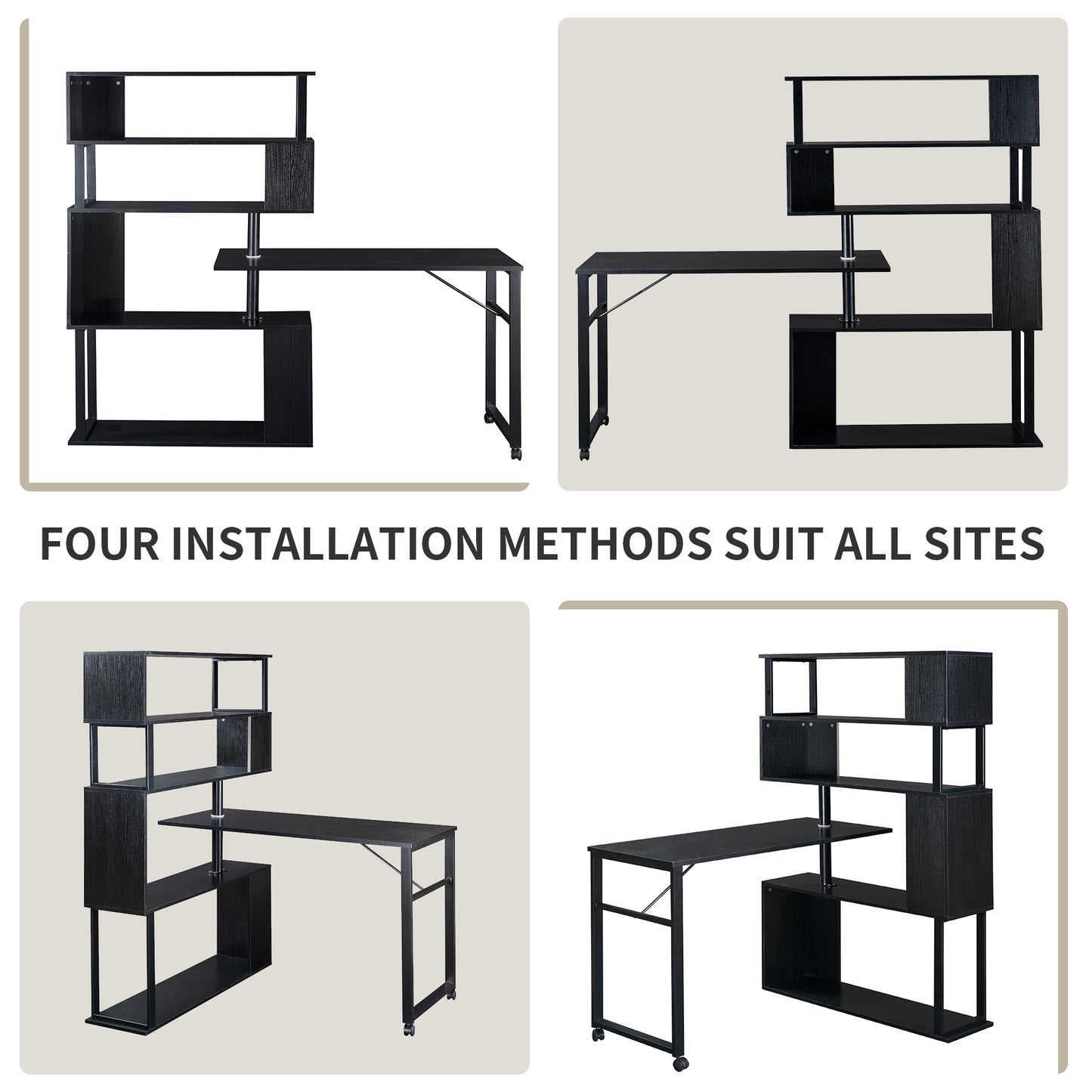 L-Shaped Corner Table, Rotating Computer Table with Bookshelf