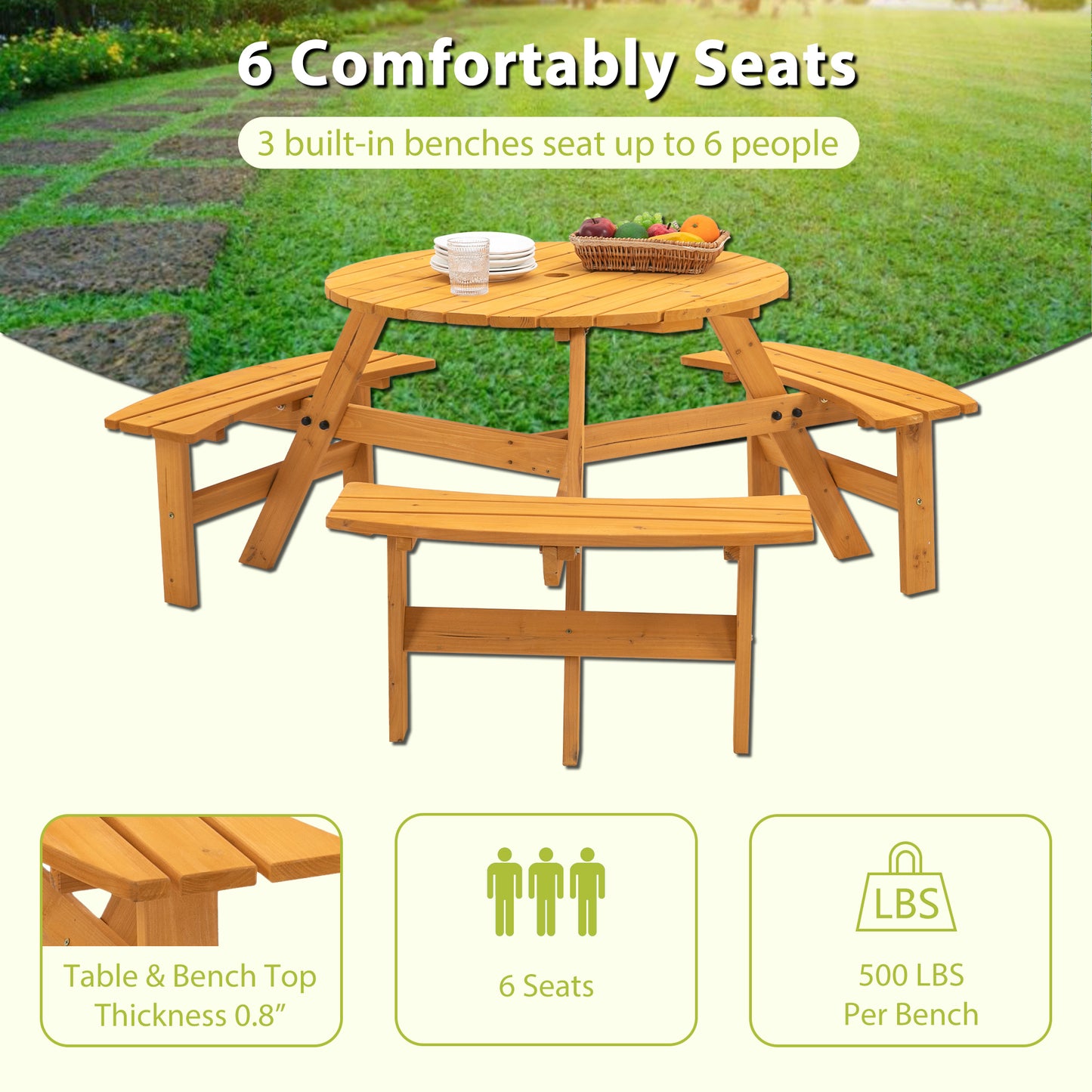 6-Person Circular Outdoor Wooden Picnic Table for Patio