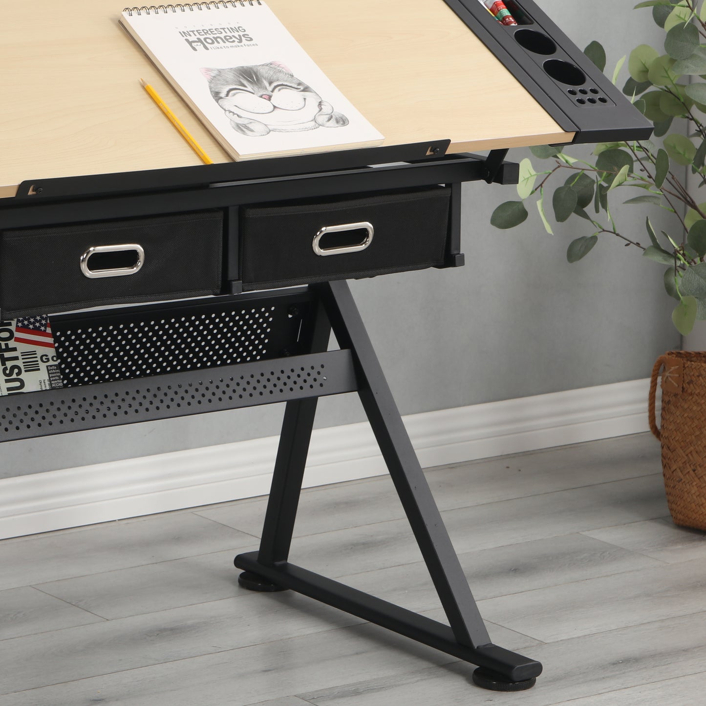 Adjustable drawing drafting table desk, 2 drawers for office