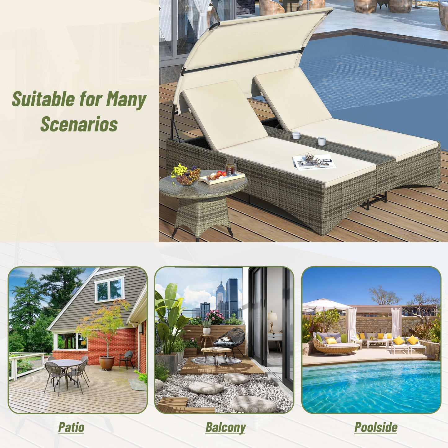 Patio Daybed Outdoor Daybed, Shelter Roof, Adjustable Backrest, Storage Box