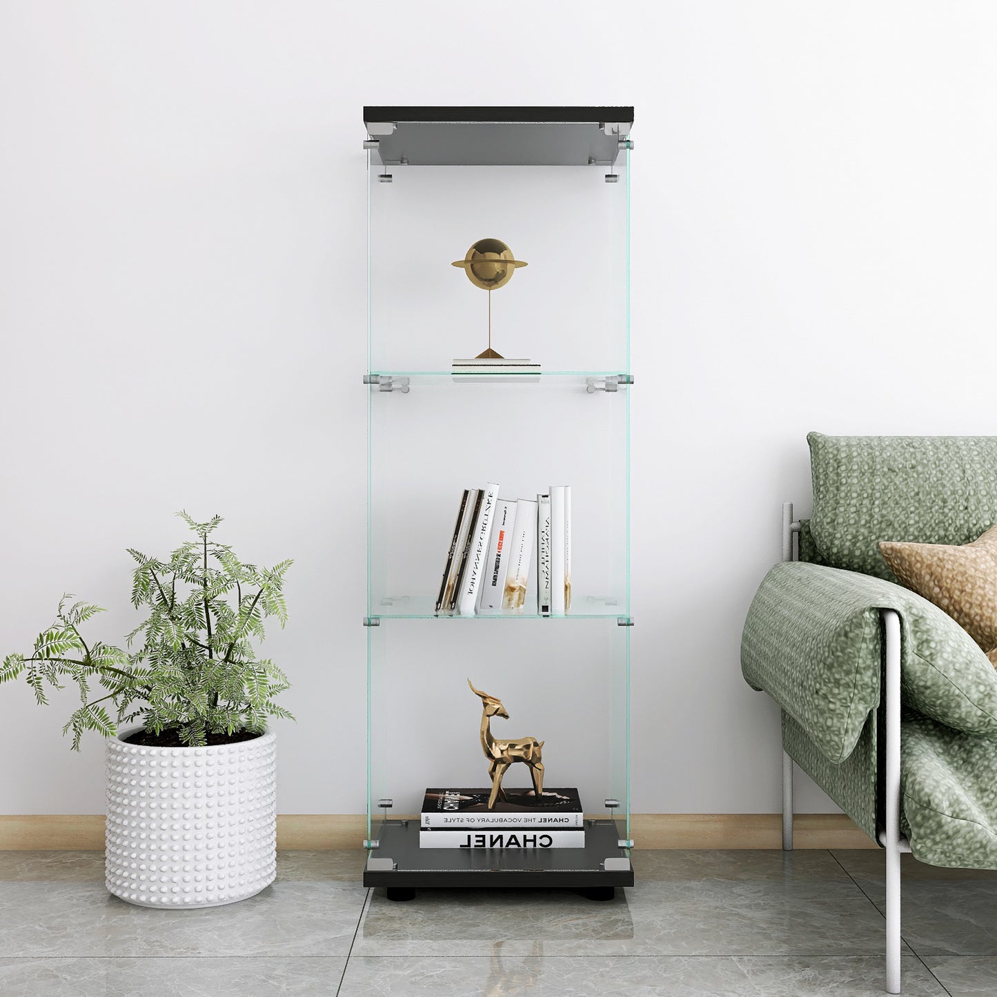 Glass Display Cabinet with 3 Shelves, Quick Installation