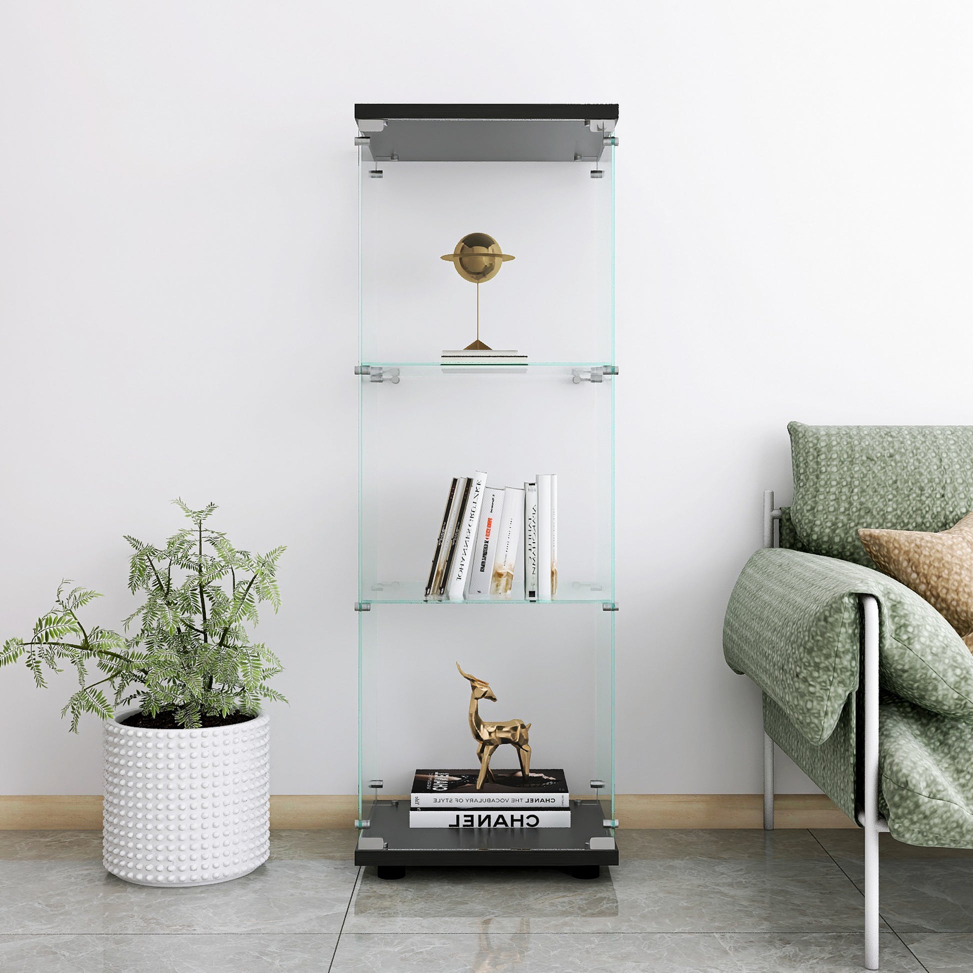 Glass Display Cabinet with 3 Shelves, Quick Installation