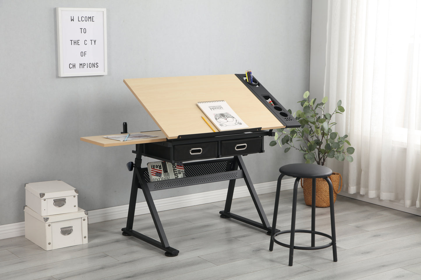 Adjustable drawing drafting table desk, 2 drawers for office